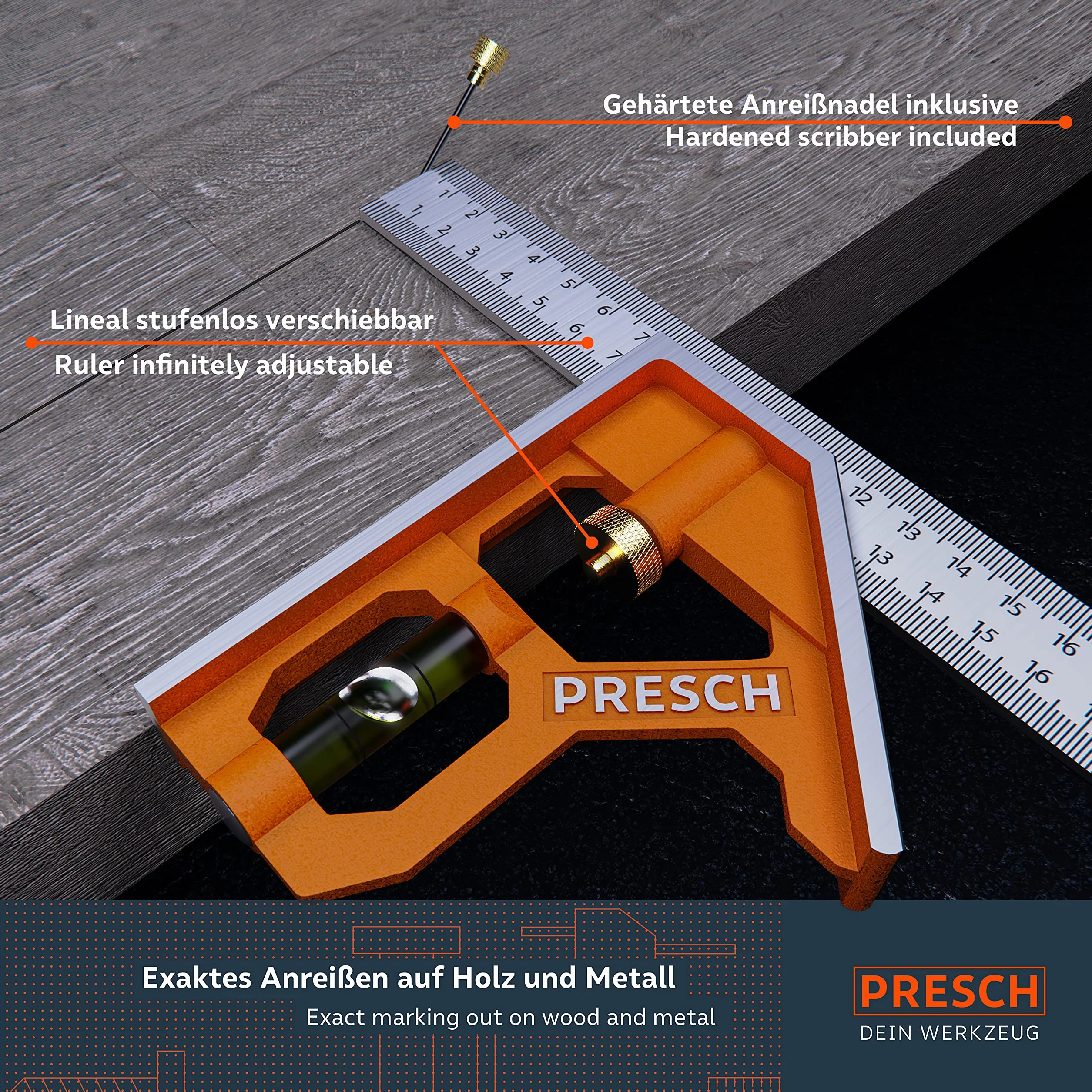 Presch Zestaw Kwadrat kombinowany 150mm & 300mm Metric - Dwa precyzyjne metalowe narzędzia stolarskie z linijką - Wypróbuj zestaw kwadratów - Wysokiej jakości narzędzie pomiarowe