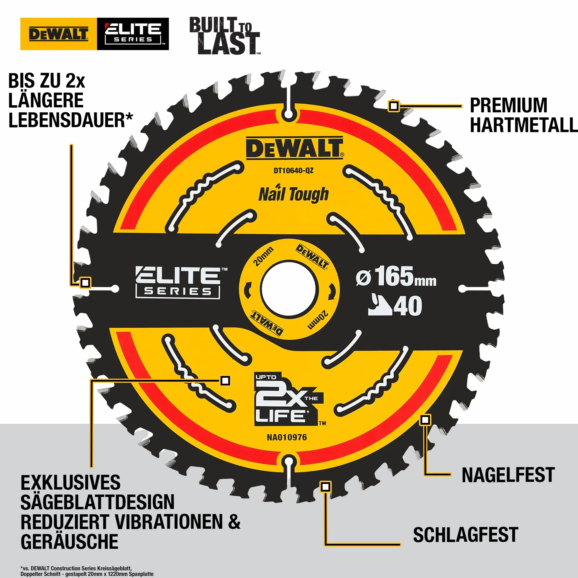 Dewalt Elite DT10640 brzeszczot piły tarczowej ø 165/20 mm, szerokość cięcia: 1,65 mm, 40 zębów, geometria zębów: WZ, kąt zębów: 18°, ultra ostre zęby z twardego metalu, z Nail Tough, do precyzyjnych