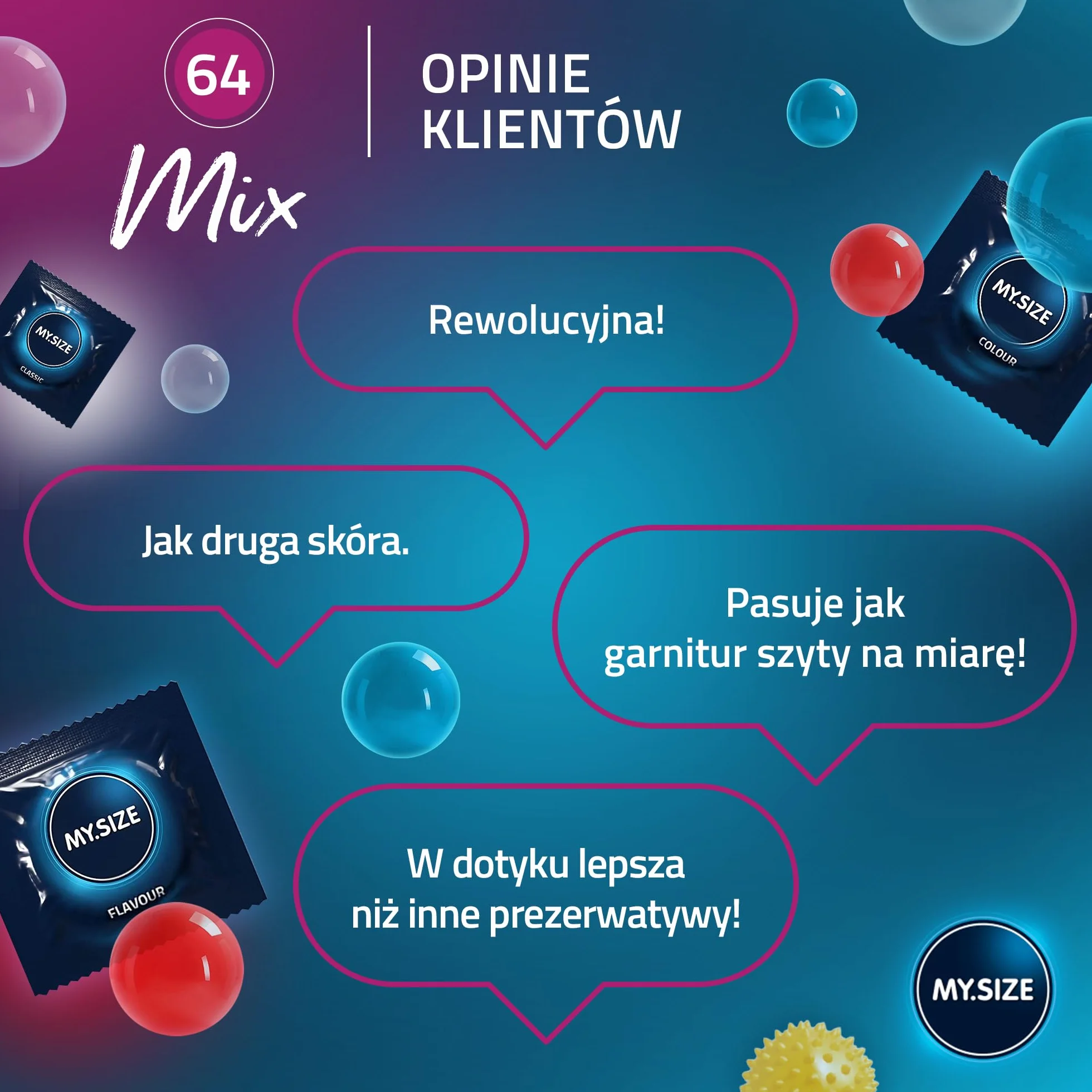 MY.SIZE Mix prezerwatywy 28 sztuk 64 mm rozmiar 6 smakowe kolorowe prążkowane klasyczne