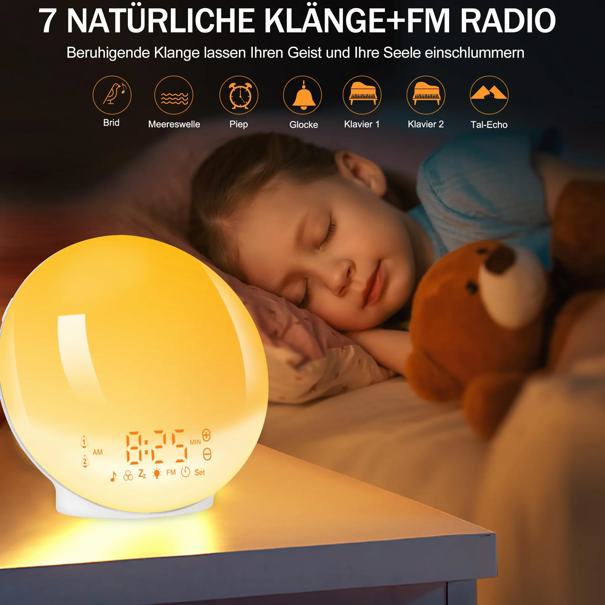 Budzik świetlny, budzik, światło dzienne, symulacja wschodu słońca, z dwoma alarmami, 7 dźwięków natury, 11 kolorów światła, 20 jasności, lampka nocna dla dorosłych