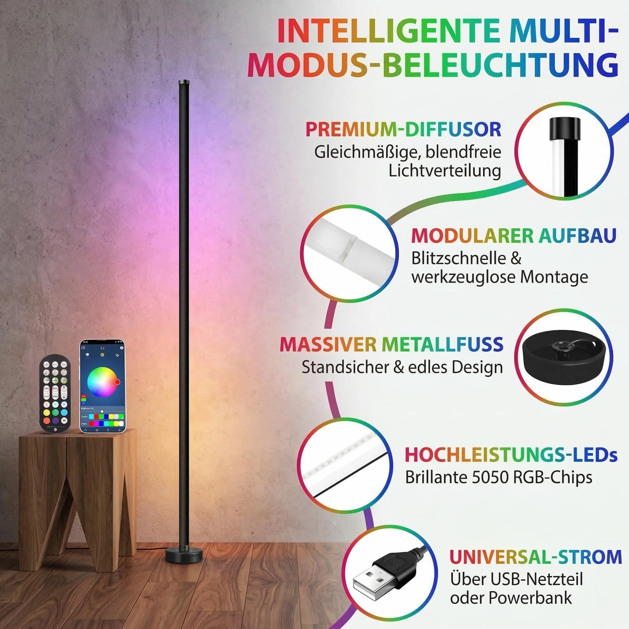 Zestaw 2 lamp stojących LED RGB, możliwość ściemniania, 120 cm, lampa narożna ze sterowaniem za pomocą aplikacji i pilotem zdalnego sterowania, synchronizacja muzyki i tryb DIY, nowoczesna
