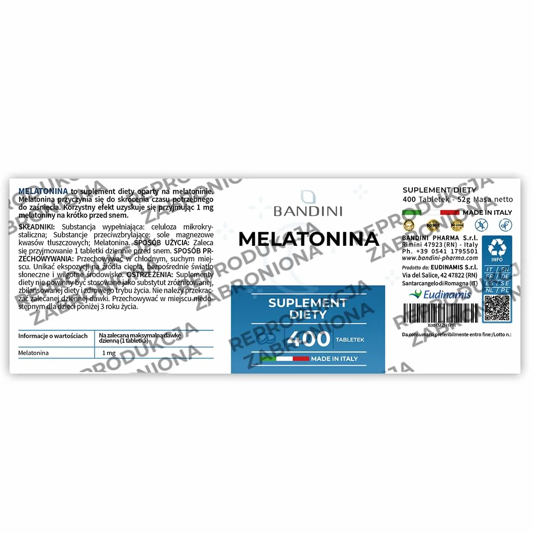Bandini® Pure Melatonin - 400 wegańskich tabletek (zapas + 12 miesięcy), Melatonina Suplement na sen 1 mg w tabletce - Łatwy do połknięcia, Suplement na lepszy odpoczynek, Silna melatonina na sen