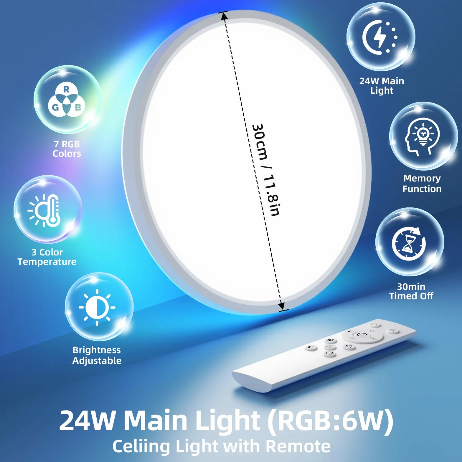 Lampa Sufitowa LED, Lampa Sufitowa 24W 2160LM z Pilotem Zdalnego Sterowania, 3000K-6500K 7 RGB Kolor Okrągła Cienka Nowoczesna Lampa Sufitowa do Sypialni Kuchni Biura łazienki Salonu - Ø 30cm