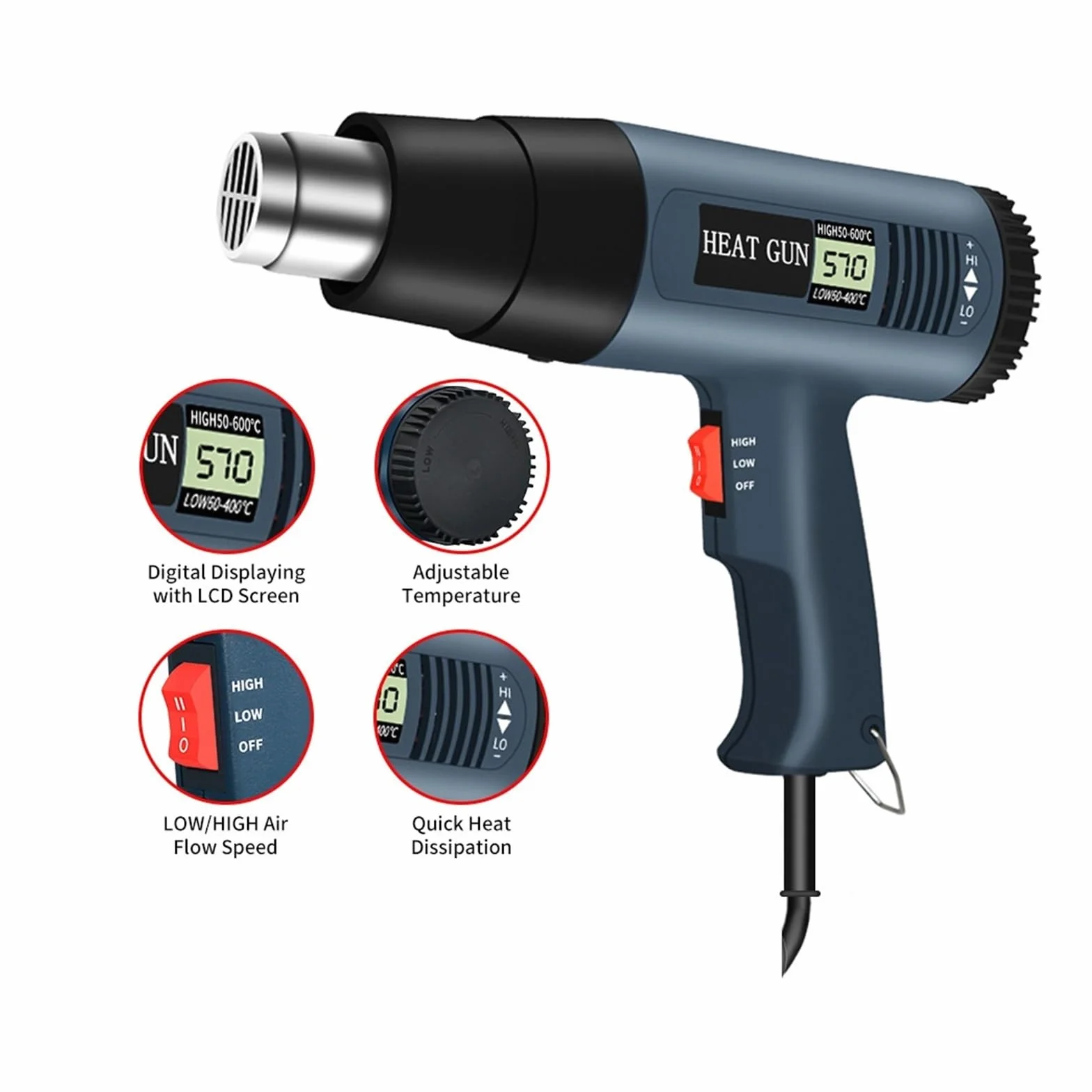 Elektryczny Pistolet Na Gorące Powietrze 2000 W Podwójna Temperatura Metalowa Dysza Regulowane Narzędzia Elektryczne Mocne, Szybkie Nagrzewanie