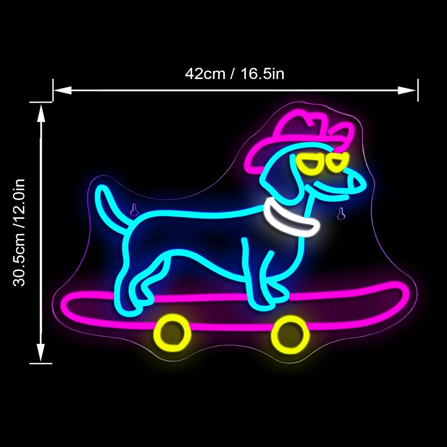 Looklight Neonowy znak dla psa na deskorolce, jamnik, kolorowe znaki LED z przełącznikiem ściemniania, uroczy szczeniak w kowbojskim kapeluszu, neonowe znaki świetlne do sypialni, sklepu zoologicznego