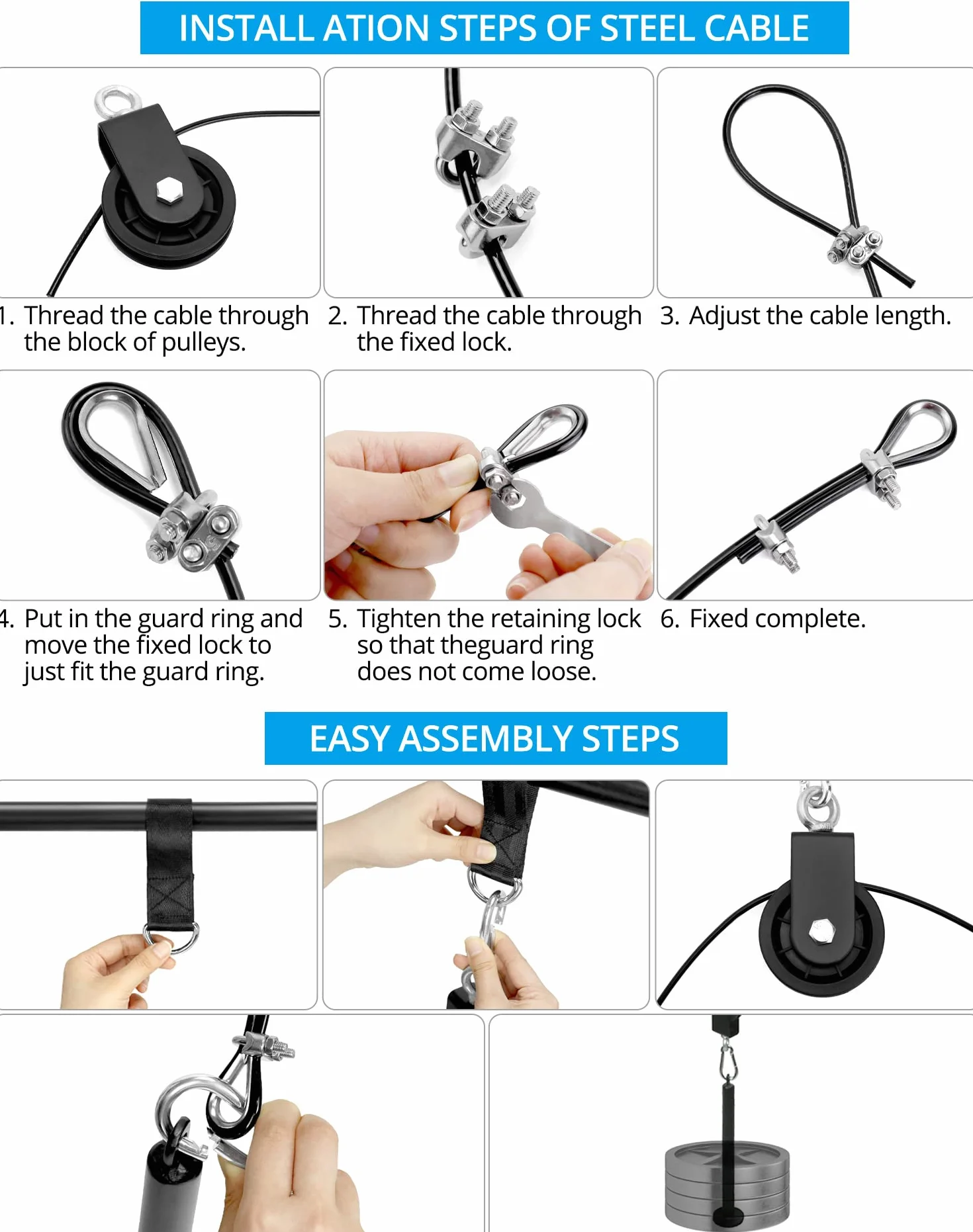 QWORK® Kabel fitness, kabel trenera ramion fitness, krążek linowy fitness, trening siłowy w domu, sprzęt fitness do domu