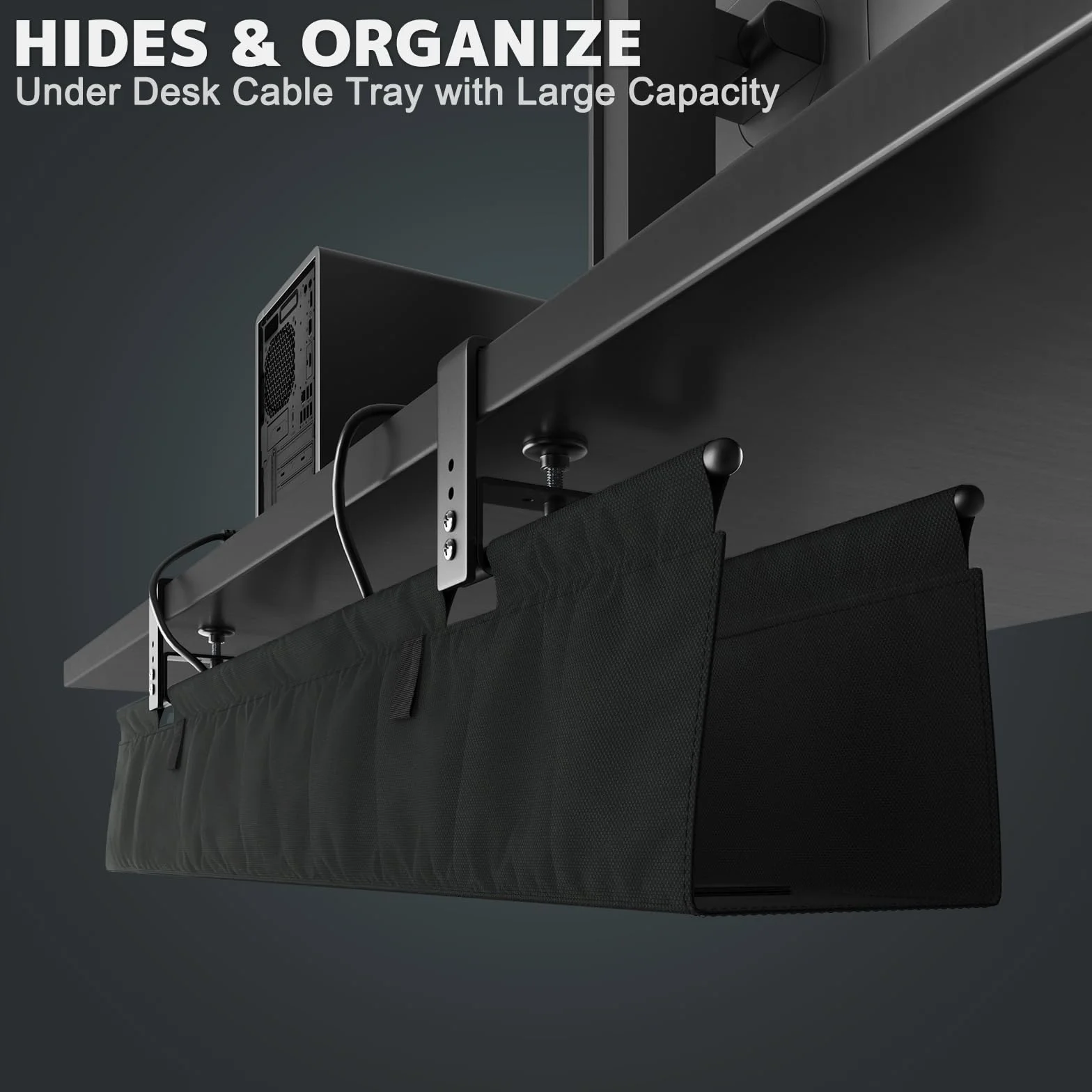 Organizer Kabli pod Biurko Bez Wiercenia, 90cm System Zarządzania Kablami z Montażem na Zaciski/Śruby, Stabilna & Wodoodporna Tkaninowa Skrzynka na Kable do Domu i Biura, Czarny
