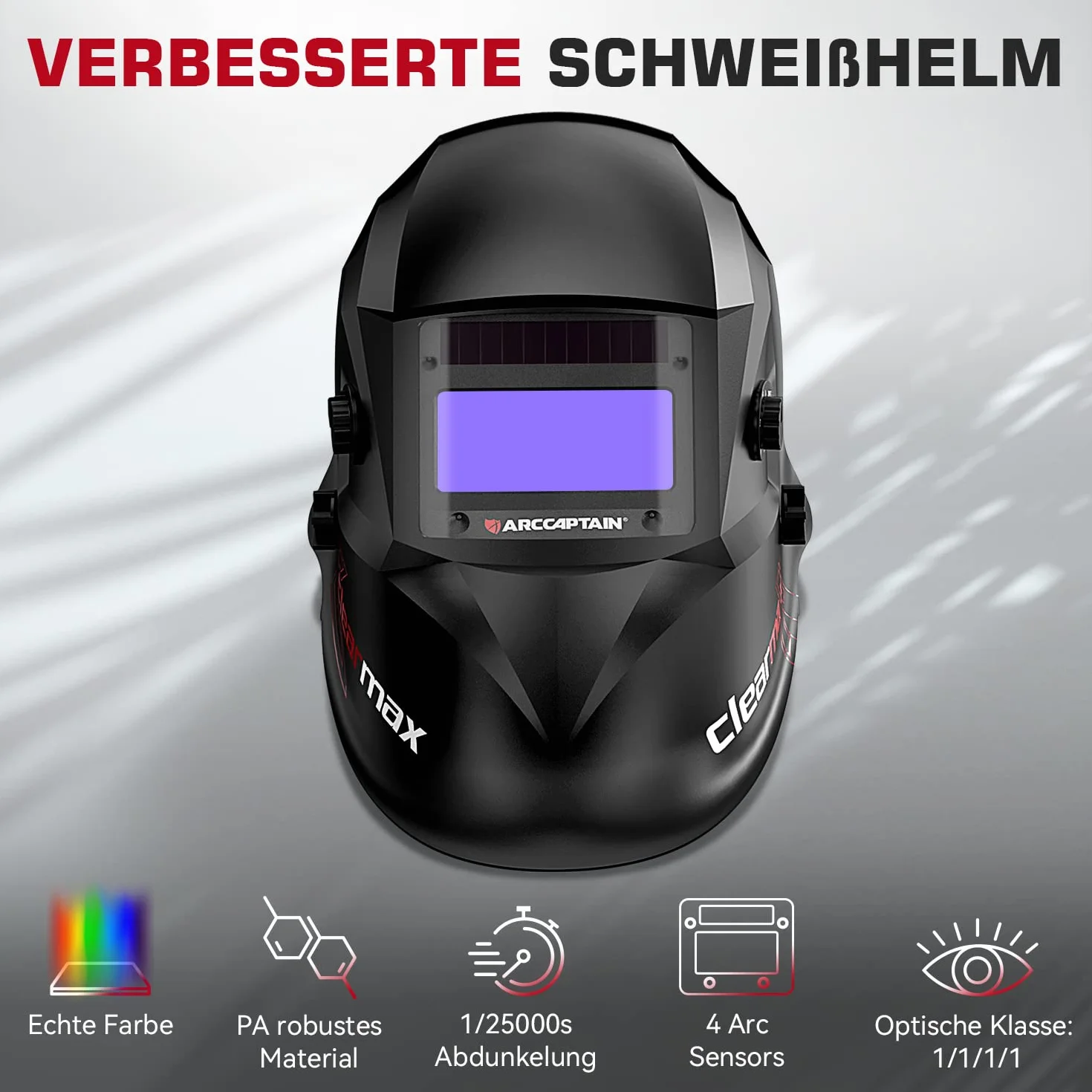 ARCCAPTAIN Kask spawalniczy Maska spawalnicza Automatyczne zaciemnienie do TIG MIG ARC, 1/1/1/1 Najwyższa przejrzystość optyczna, Ultra-lekki kask spawalniczy Automatyczne zaciemnienie
