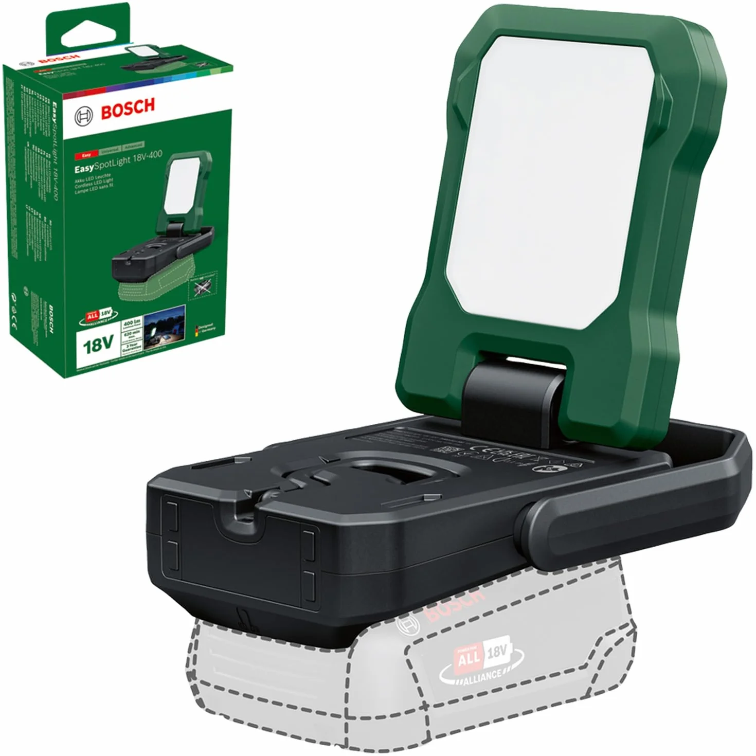 Bosch akumulatorowa lampa LED/kempingowa EasySpotLight 18V-400 (światło ciepłe/zimne, 3 ustawienia jasności, składana/obrotowa głowica: 360°/180°, system 18V, powerbank USB-C®, bez akumulatora)