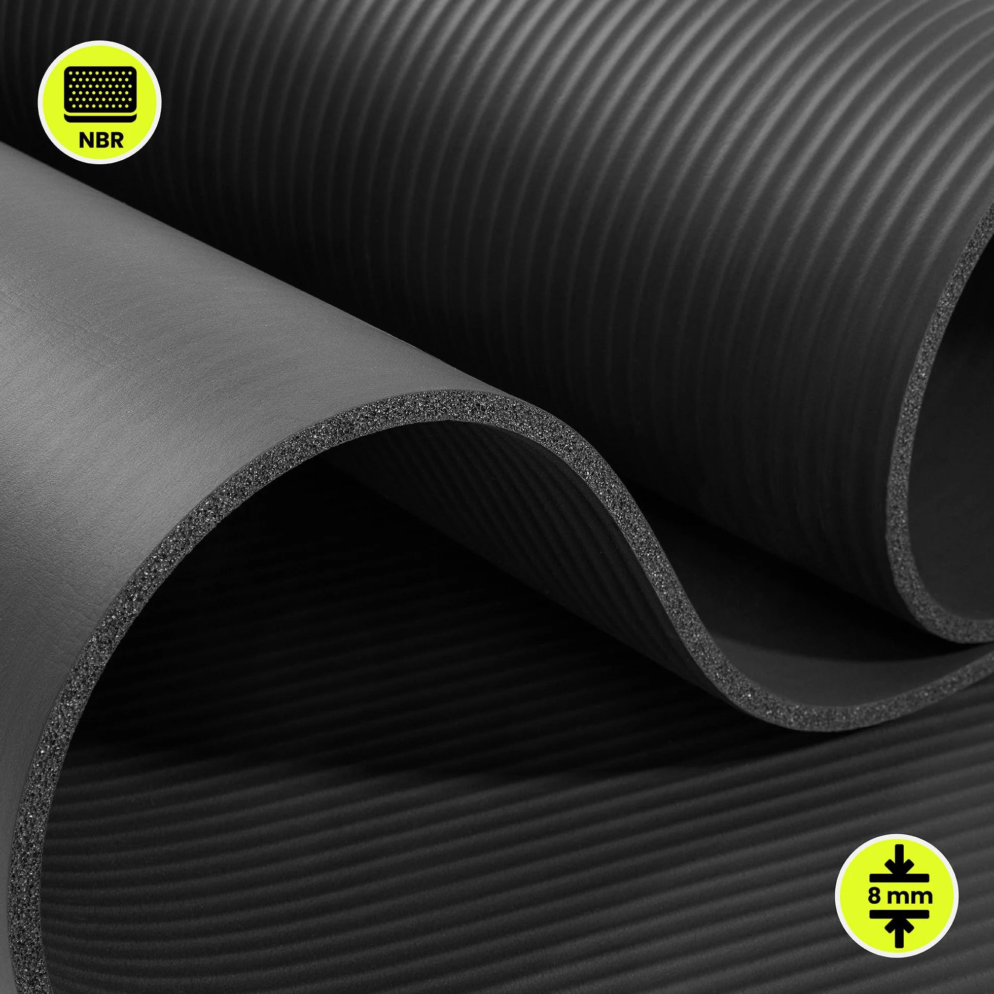 HyperMotion Mata do Ćwiczeń Fitness i Jogi NBR 183x61x0,8 cm Czarna, Antypoślizgowa, 8 mm, z Paskiem do Ćwiczeń i Przenoszenia, do Jogi, Pilatesu i Stretchingu