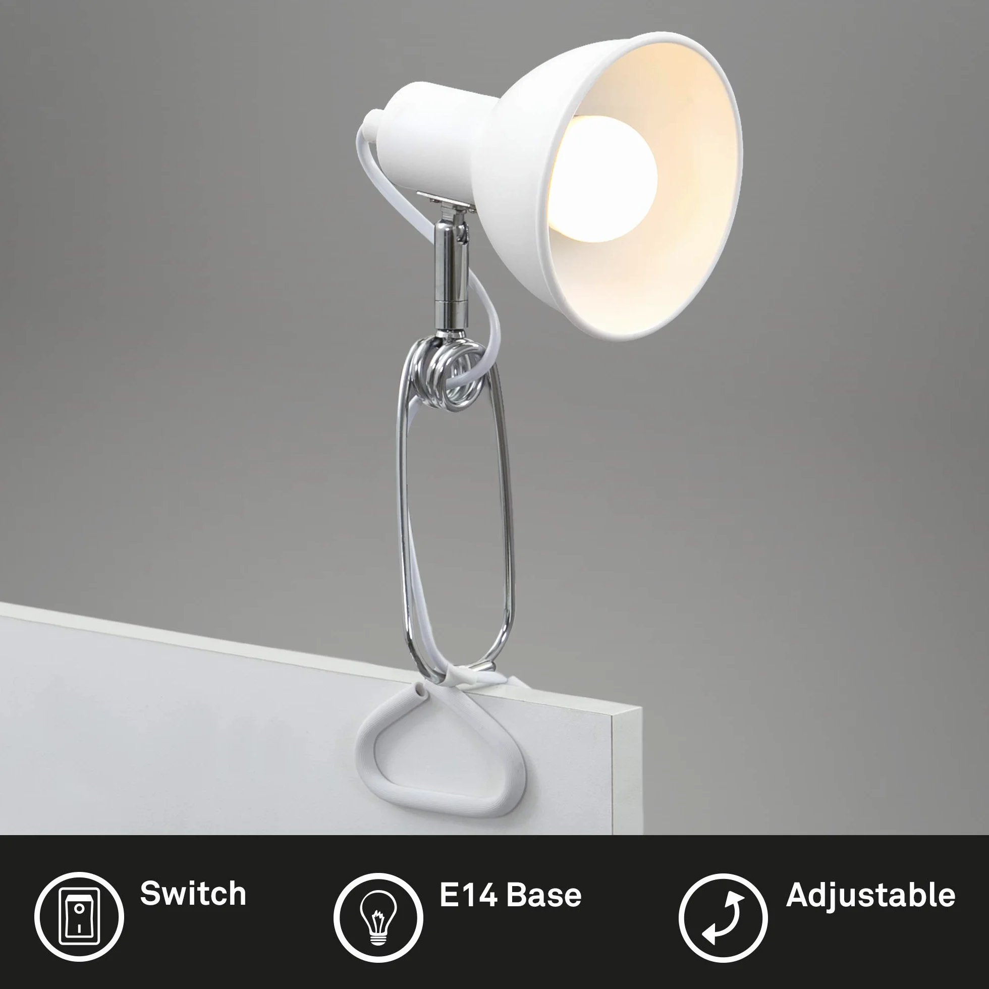 BRILONER – Lampa zaciskowa LED | 1x E14, maks. 8W | Z przełącznikiem kablowym | Głowica obrotowa i wychylna | Lampa biurkowa, lampka stołowa | Metal biały chrom | 305x110x130 mm
