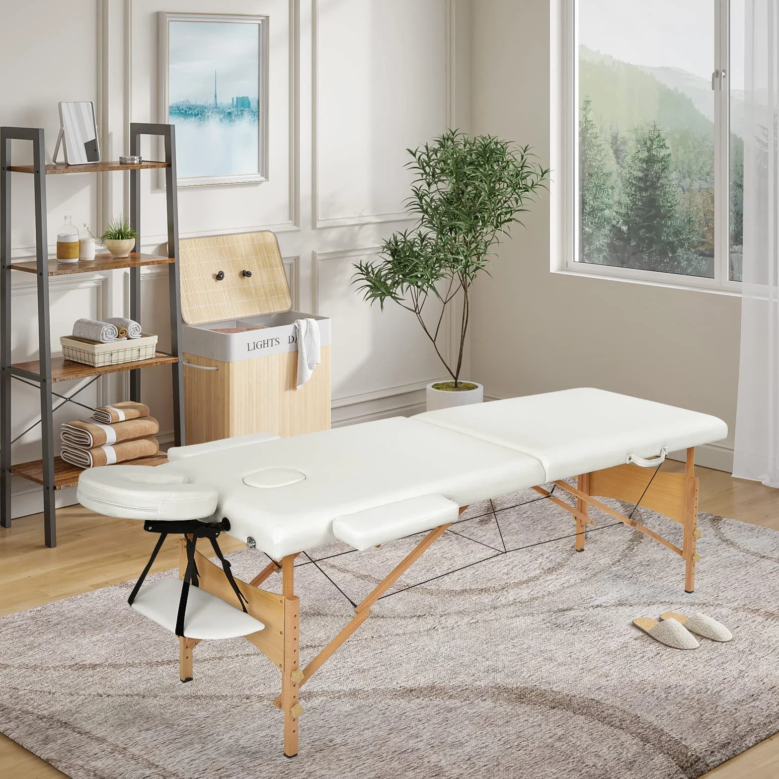 Mondeer Stolik do masażu składany 2-częściowy PU drewno wyjmowany zagłówek pokrowiec akcesoria biały 198x60x81cm