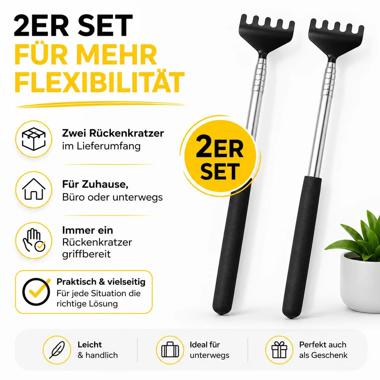 Everhomely® 2 drapaczki do pleców, stabilna i wysuwana, drążek teleskopowy z szeroką końcówką przeciwko swędzeniu, urządzenie do masażu