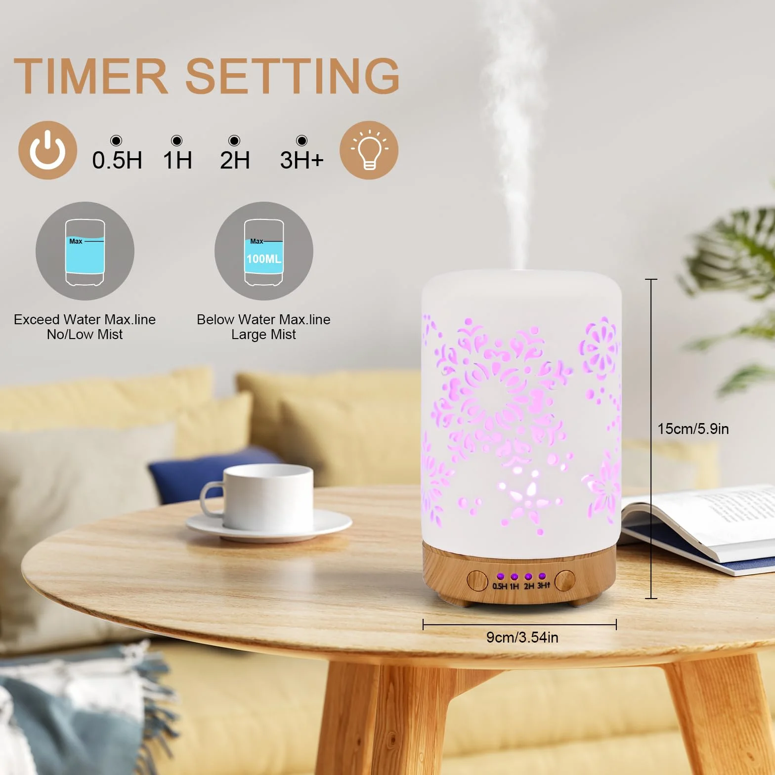 GuKKK 100ML Ceramiczny Dyfuzor Aromatyczny do Olejków Eterycznych z Regulowanym Trybem Mgły, 7 Kolorów LED, Timer