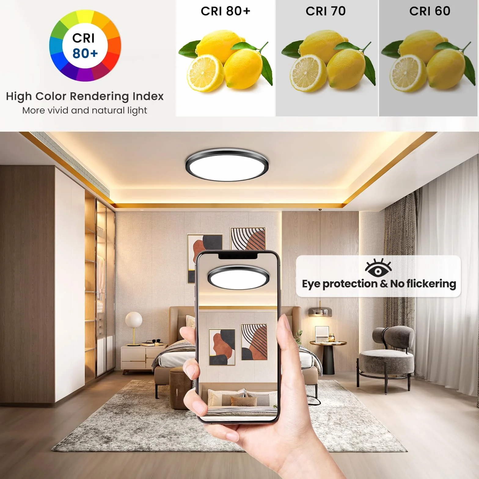 Lampa sufitowa LED 24 W, z pilotem zdalnego sterowania i ściemnialną, 1800 K, panel 3000K-6500K, bardzo cienka okrągła, odpowiednia do sypialni, pokoju