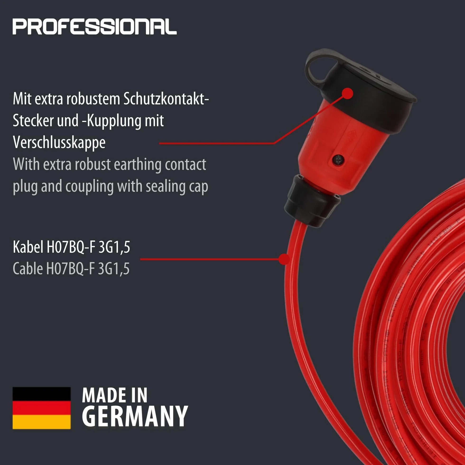 Brennenstuhl Professional Extension Cable VQ 1100 IP44 (10 m kabel H07BQ-F 3G1,5 in red, construction site use and permanent outdoor use, Made in Germany)