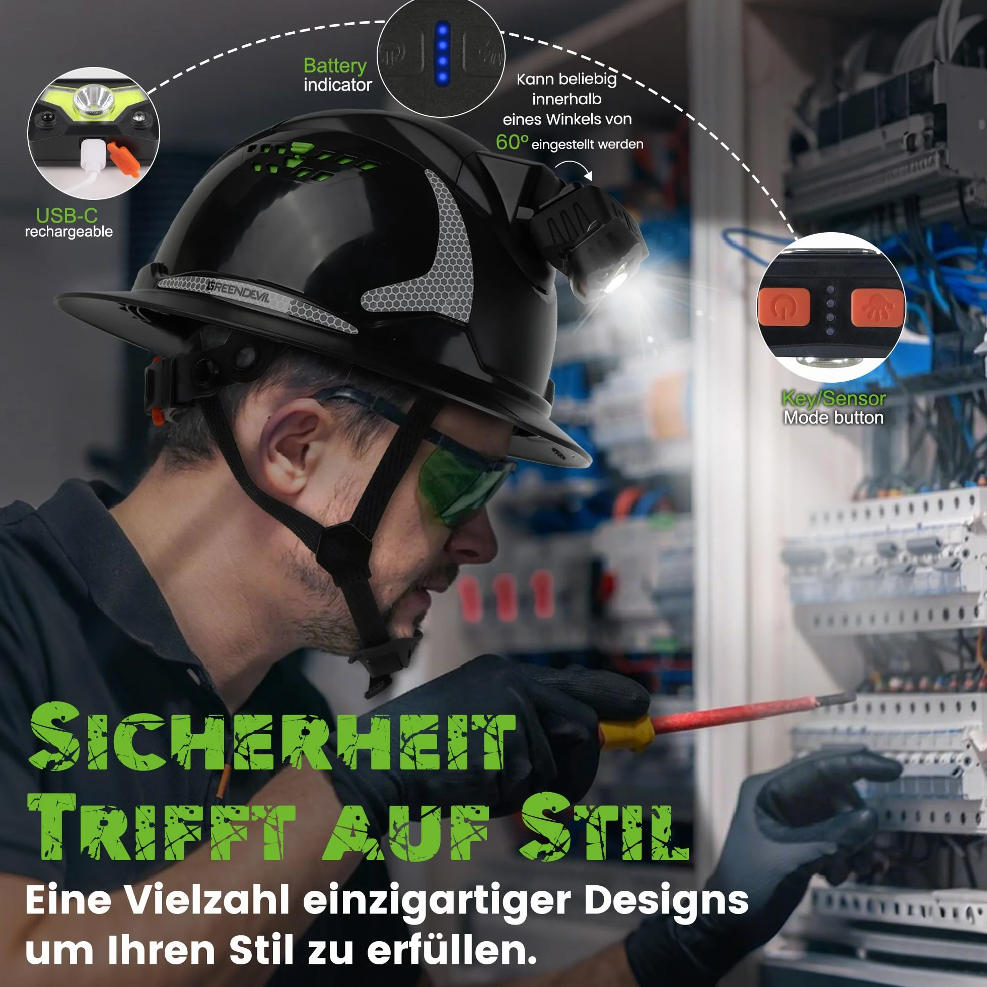 GREEN DEVIL Matrix Full Brim kask ochronny EN 397 – kask ochronny z wentylacją, latarka czołowa LED (IPX5), system 6-punktowy i regulowana wyściółka wewnętrzna – idealny do budownictwa, przemysłu,