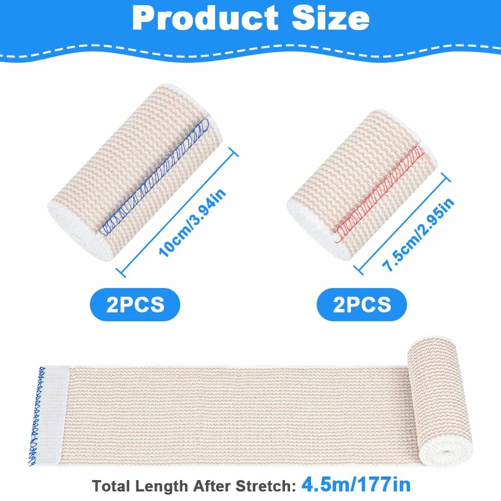 Bandaż elastyczny Premium, 4 rolki, 7,5 cm x 4,5 m + 10 cm x 4,5 m, na wsparcie kostki, ramion i nóg