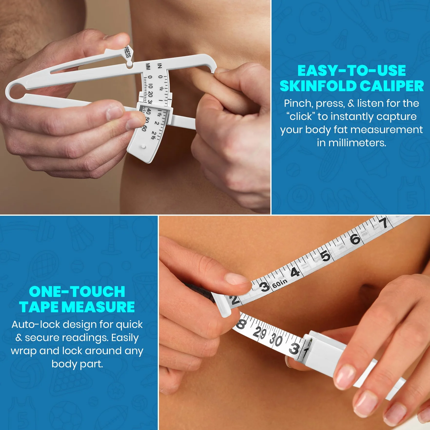 Body Fat Caliper and Measuring Tape for Accurately Measuring BMI Skin Fold Fitness (White)