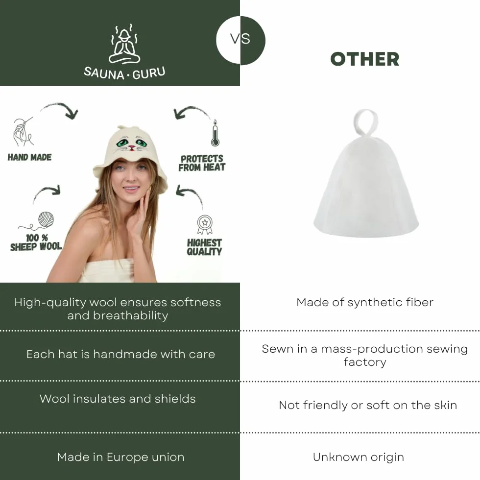 Tkaniny naturalne Sauna Hat 'Sauna Kitten' White - 100% Organic wełniane kapelusze dla rosyjskiej Bania - Protect Your Head od ciepła - English Sauna eBook Przewodnik w cenie - z haftem