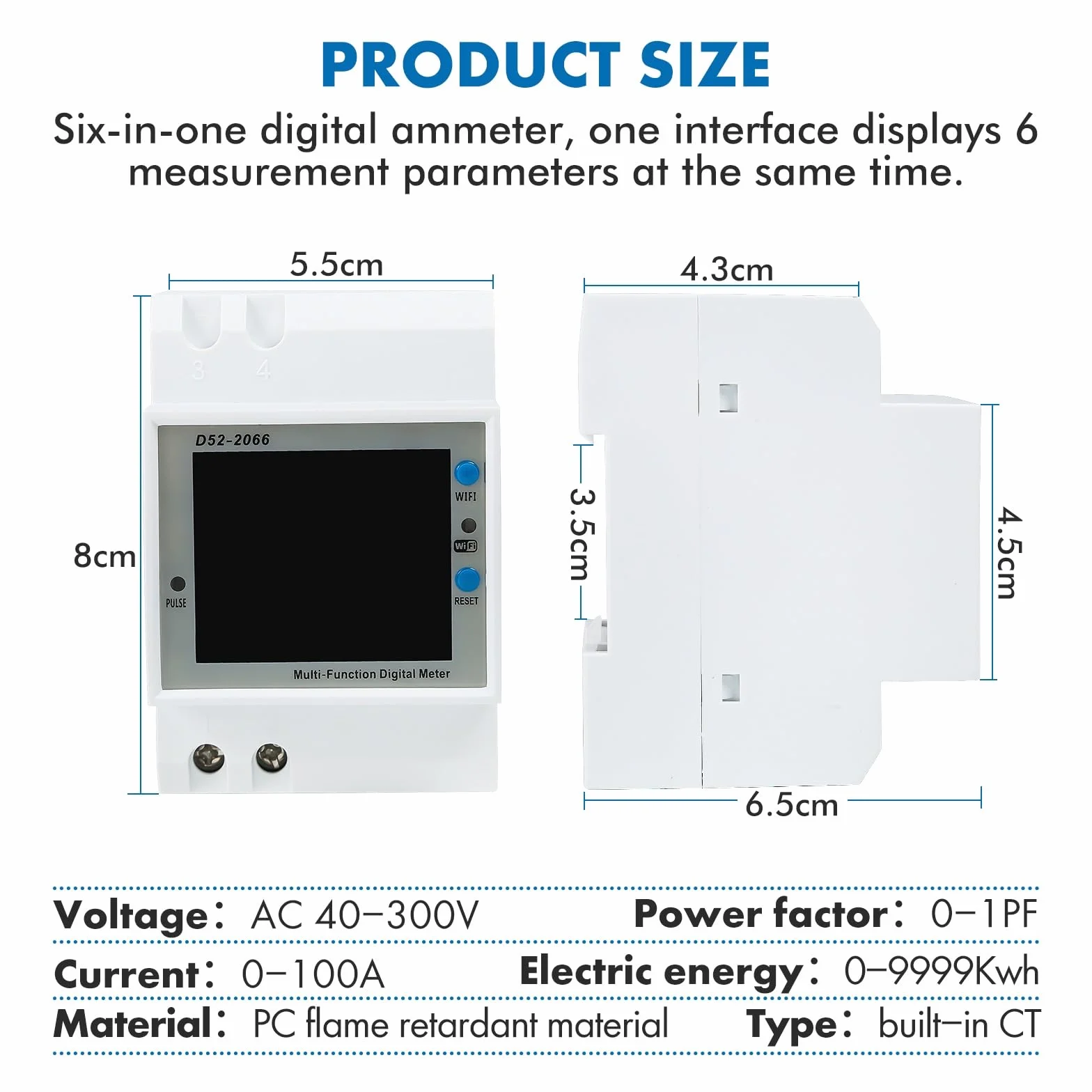 Jadeshay Inteligentny licznik prądu WiFi, szyna montażowa, 6 w 1, LCD, cyfrowy licznik prądu zmiennego, szyna montażowa, licznik KWh, AC40-300 V, 100 A, z wyświetlaczem LCD (wbudowany CT)