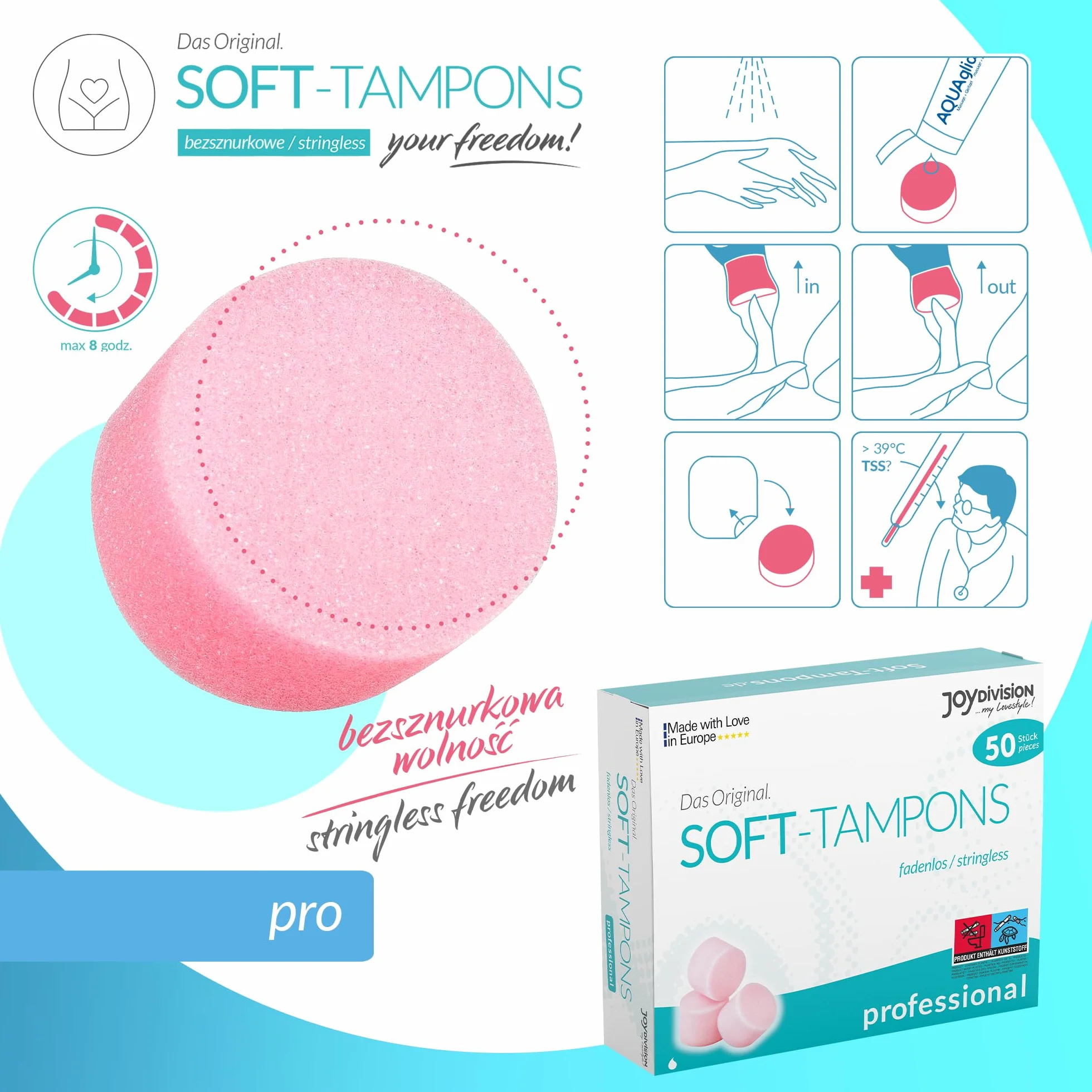 JOYDIVISION Soft-Tampons professional 50 szt Tampony bez sznurka Gąbeczka menstruacyjna ultra soft