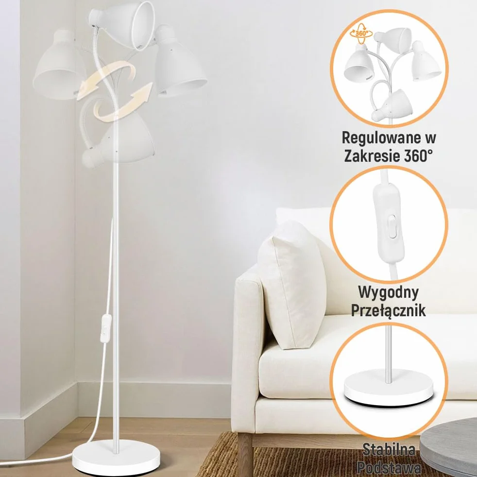 OUSFOT Lampa Podłogowa 146cm E27 40W Biała Regulowana