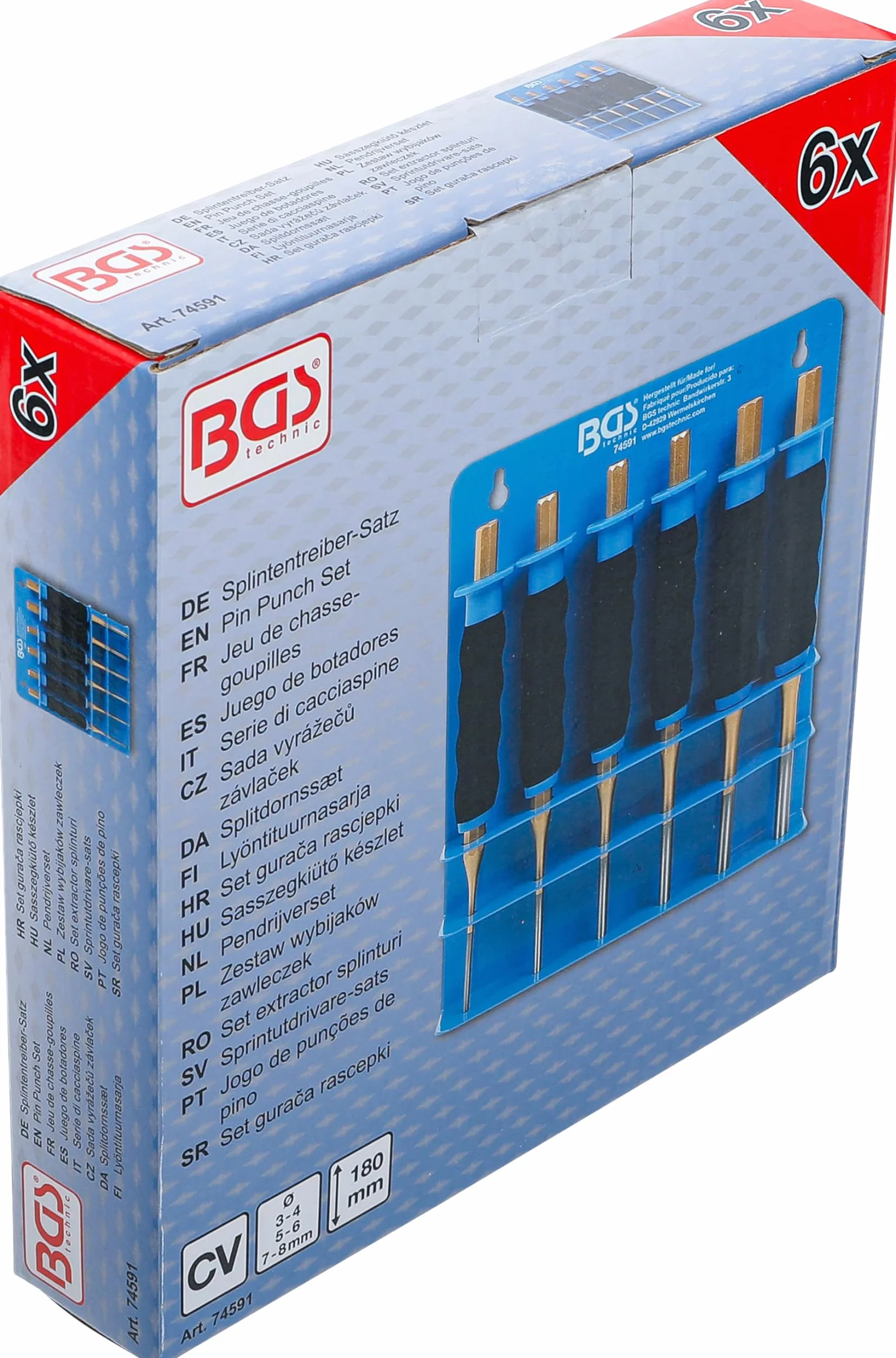 BGS Zestaw wybijaków zawleczek 180 mm 3-8 mm 6 szt. z ochroną dłoni