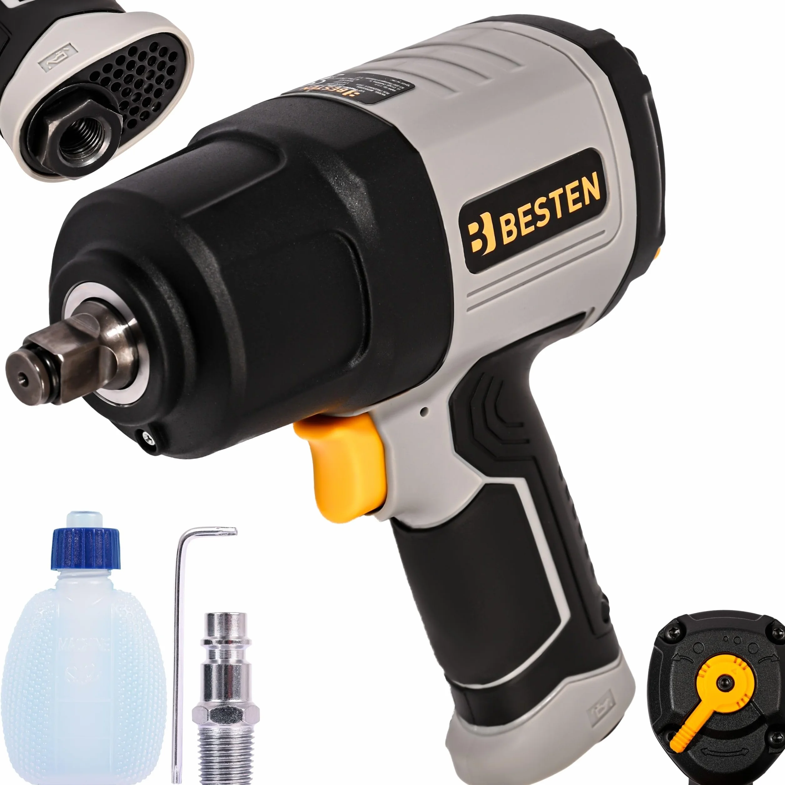 Klucz udarowy pneumatyczny 1650 Nm • Twin Hammer • Quick Switch 3 biegi • 1/2″ napęd • 8000 obr./min • 114 l/min • 2 kg • Profesjonalny klucz BESTEN BE0002884