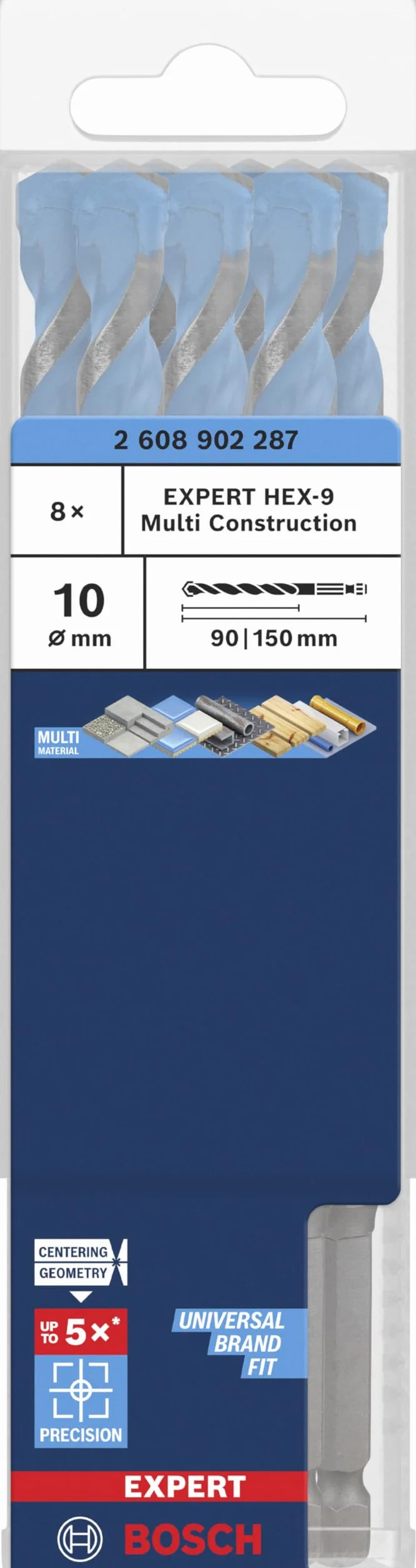 Bosch 8x Wiertło EXPERT HEX-9 Multi Construction (do Beton, Miękkie płytki ceramiczne, Ø 10,00 mm, Professional Akcesoria Wiertarki)