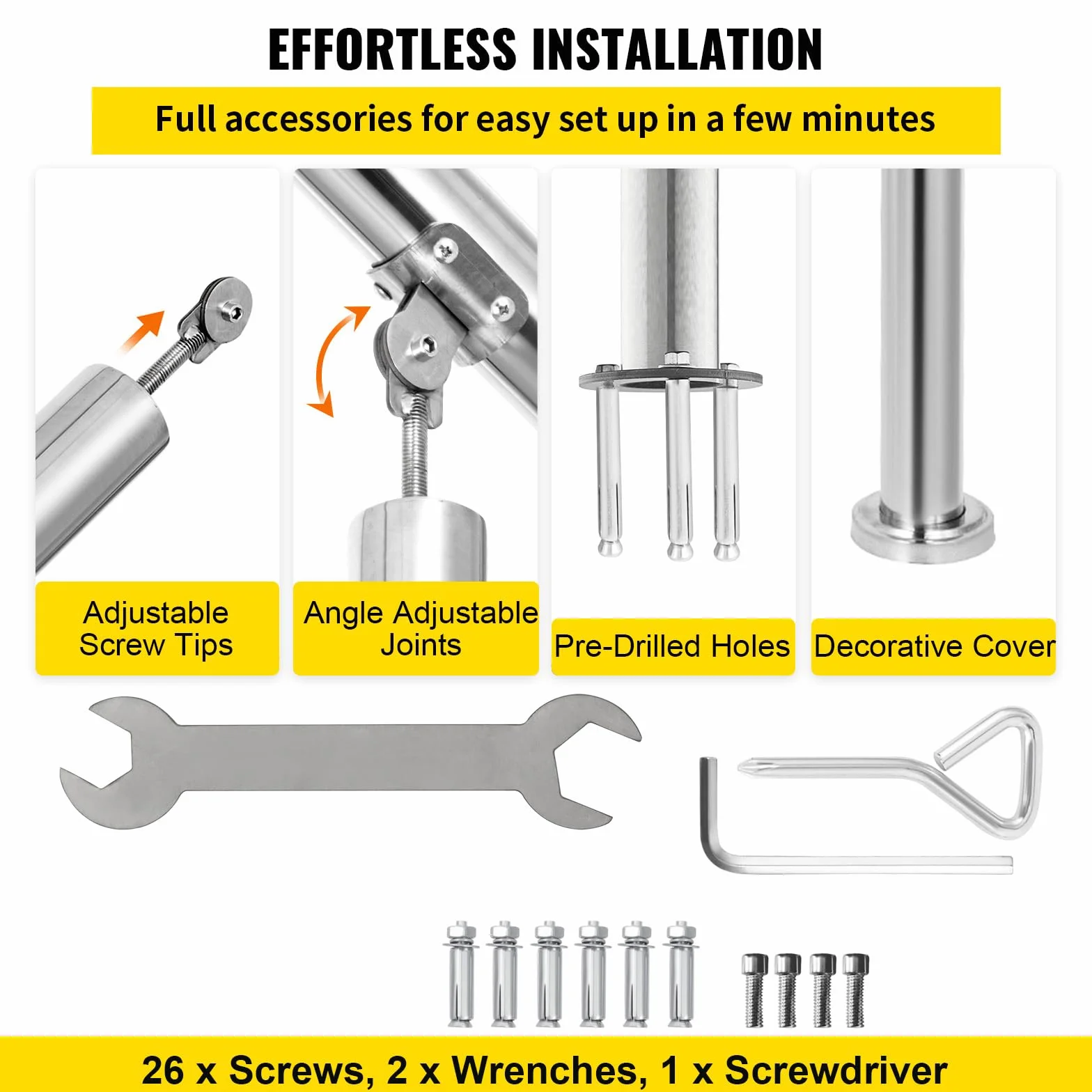 Happybuy Poręcz do schodów zewnętrznych, poręcz zewnętrzna, regulowana poręcz schodowa ze stali nierdzewnej, pogrubione balustrady schodowe do balustrady werandy, poręczy pokładowej