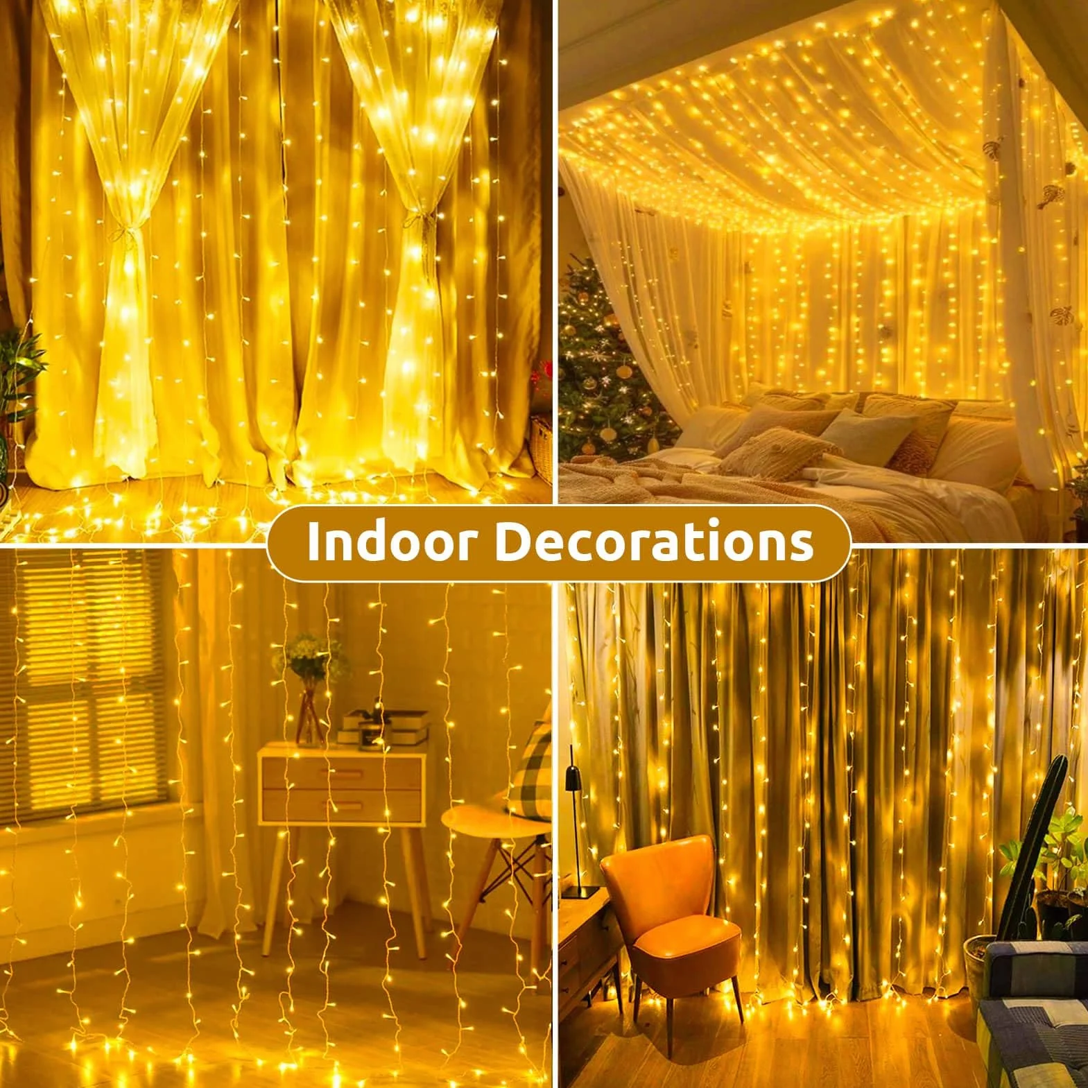 Joycome Kurtyna świetlna na zewnątrz, 3 m x 3 m, 300 diod LED, zasłona z wtyczką, 8 trybów, wodoszczelny, łańcuch świetlny, do pokoju, na balkon, imprezę, do namiotu, na wesele, do użytku na zewnątrz