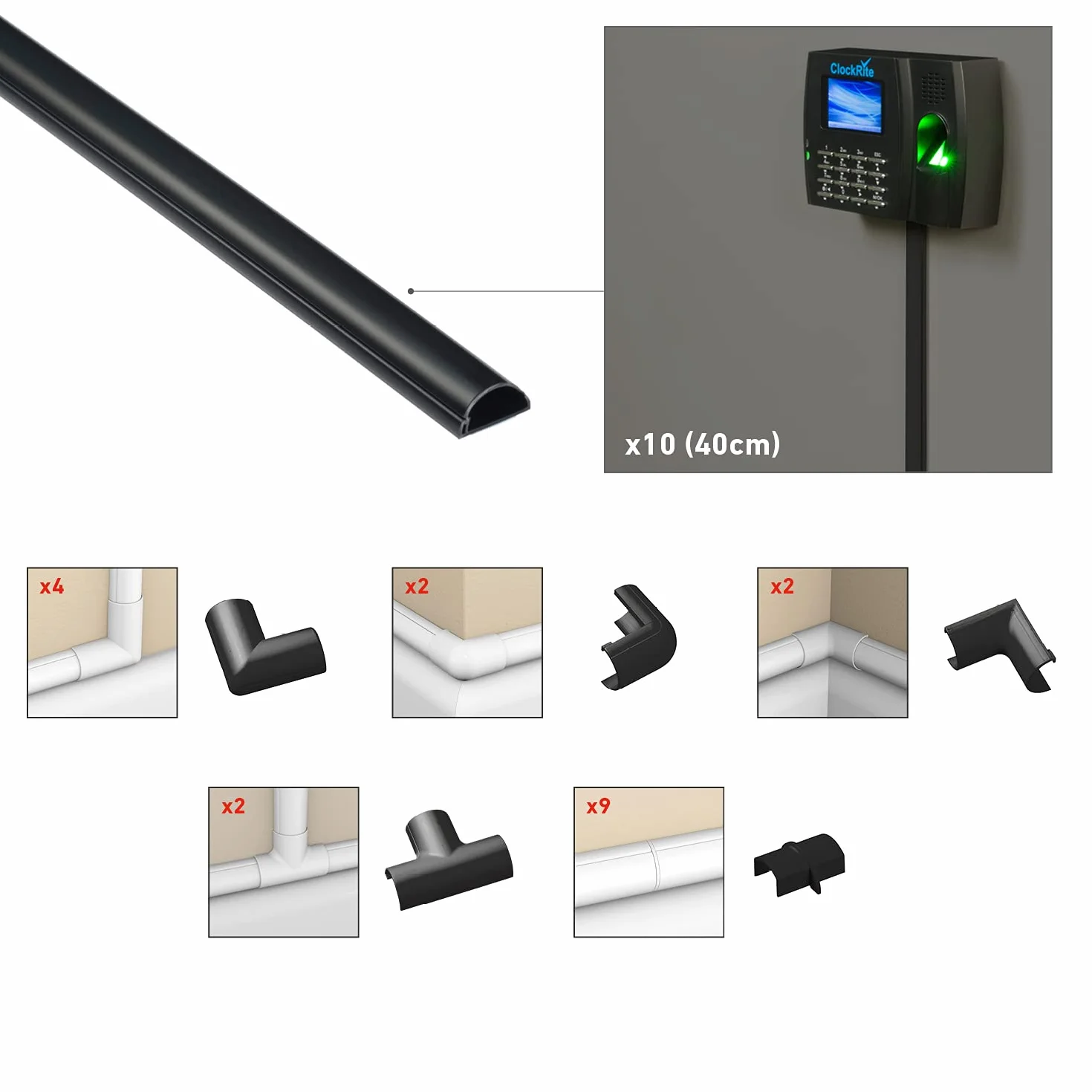 D-Line Listwa Kablowa 20x10mm 4m Zestaw Wielopak, Profil Półokrągły, Samoprzylepna Osłona Przewodów, Malowalna Organizacja Kabli – 10x 20mm (S) x 10mm (W) x 40cm Długości + Akcesoria – Czarny