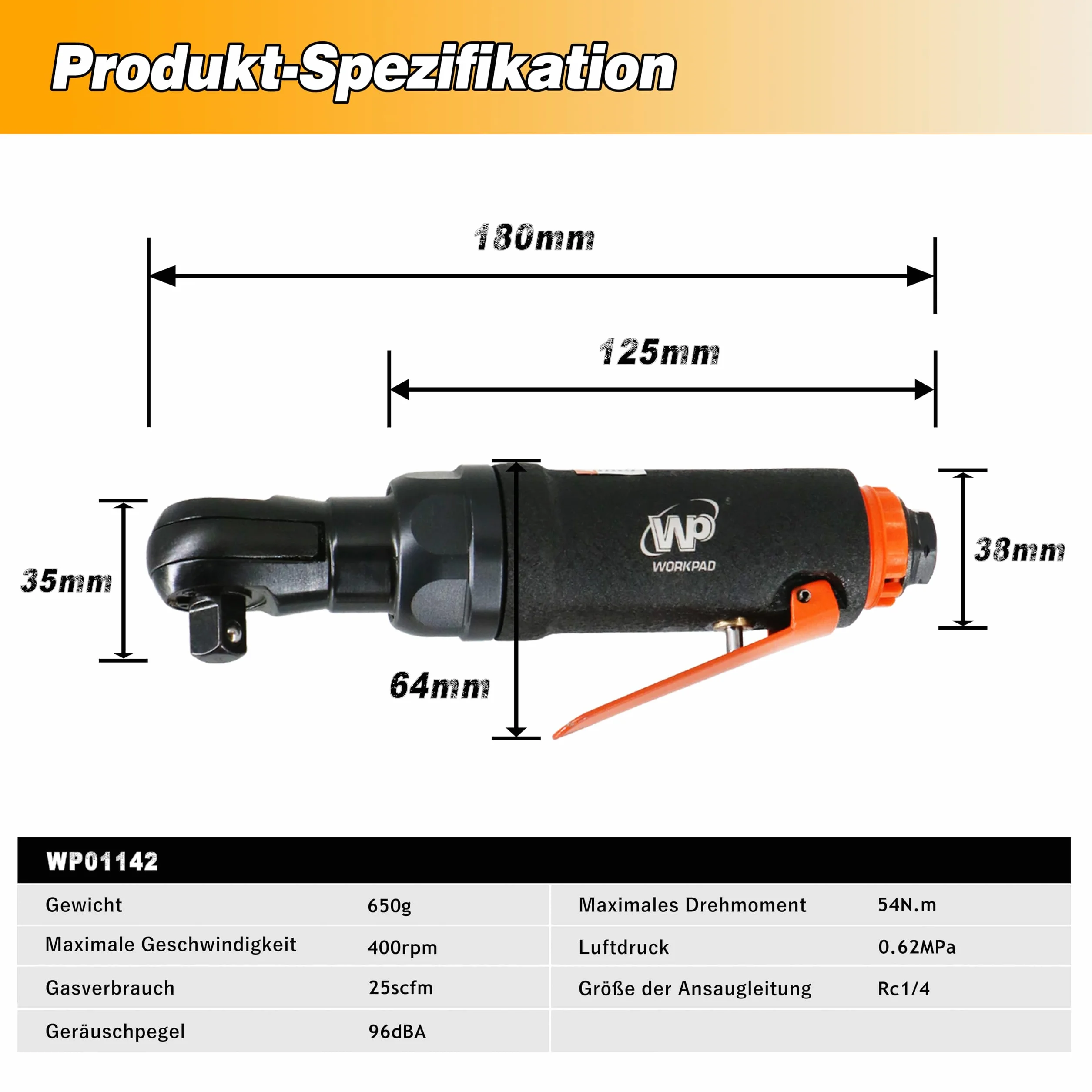 WORKPAD wkrętak pneumatyczny z grzechotką, 9,5 mm, 3/8", mini typ 180 mm, lekki, 650 g, maksymalny moment obrotowy 54 Nm, z zabezpieczeniem kulowym