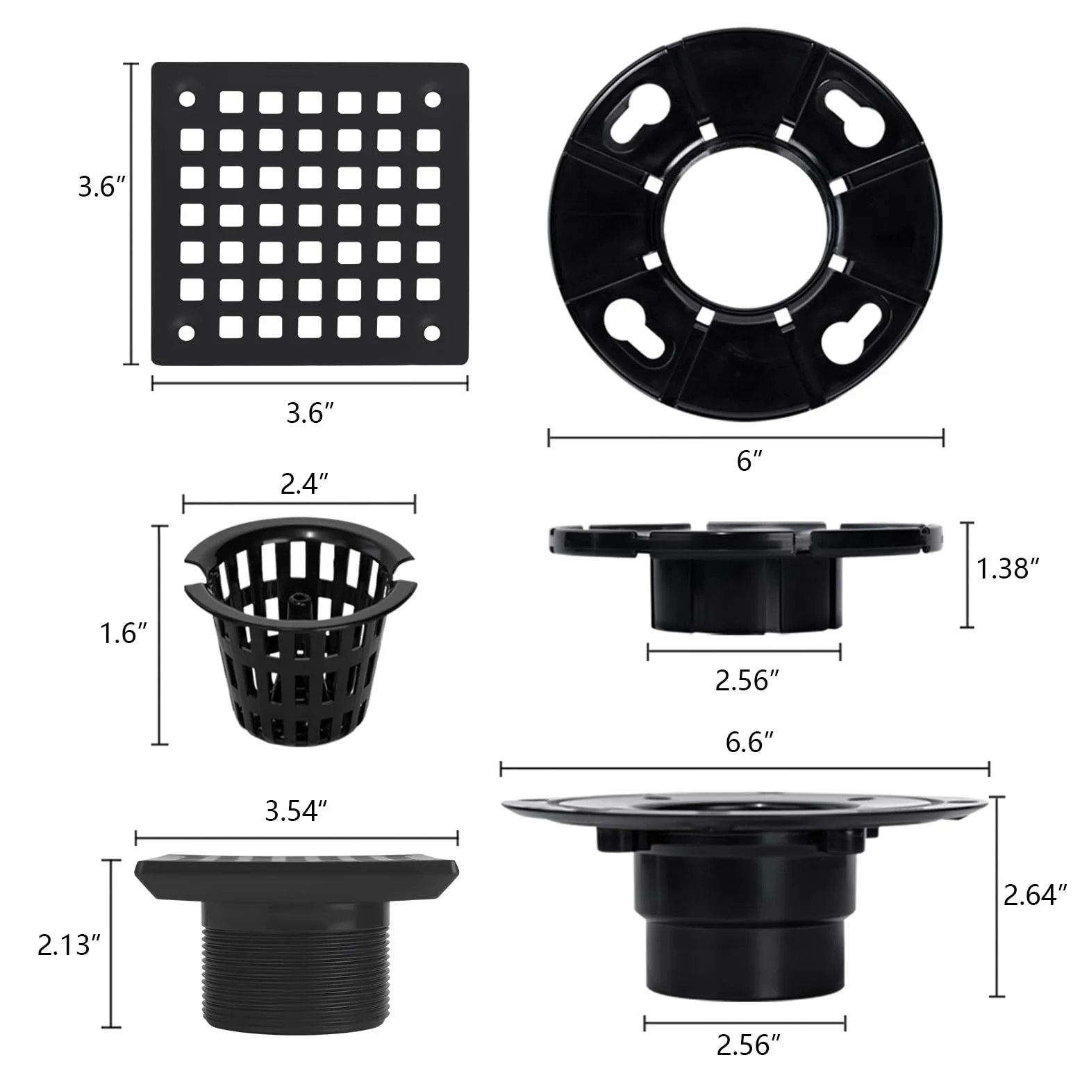 Kwadratowy odpływ prysznicowy z sitkiem matowy czarny, pasuje do rury odpływowej 5 cm lub 7,5 cm (ABS)