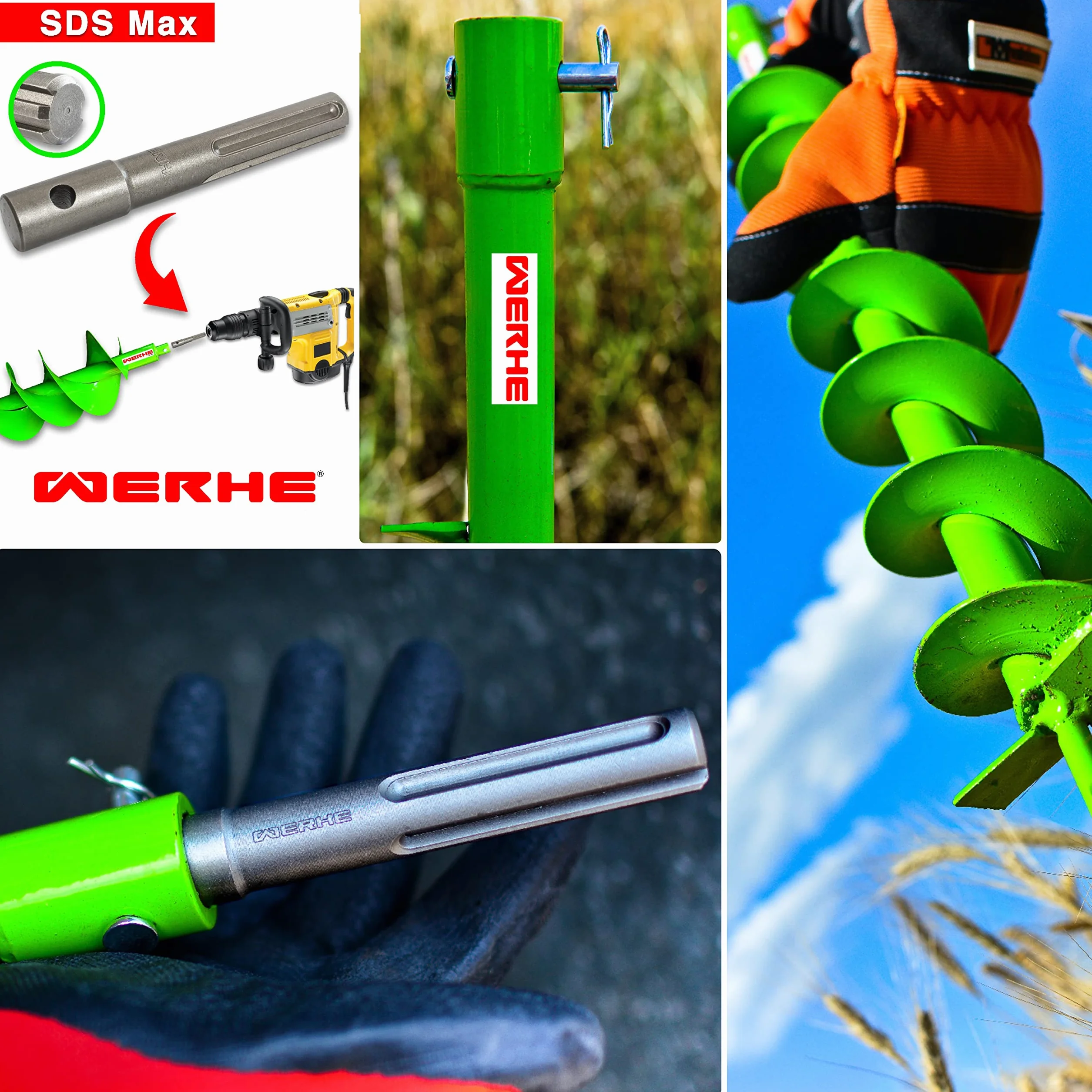 WERHE świder ziemny Ø 80 mm, 80 cm, podwójna helisa, adapter SDS Max | 18 mm chwyt, ostrza z węglika, długość robocza 60 cm, 4,22 kg, do luźny do gleb średniotwardych, sadzenie drzew