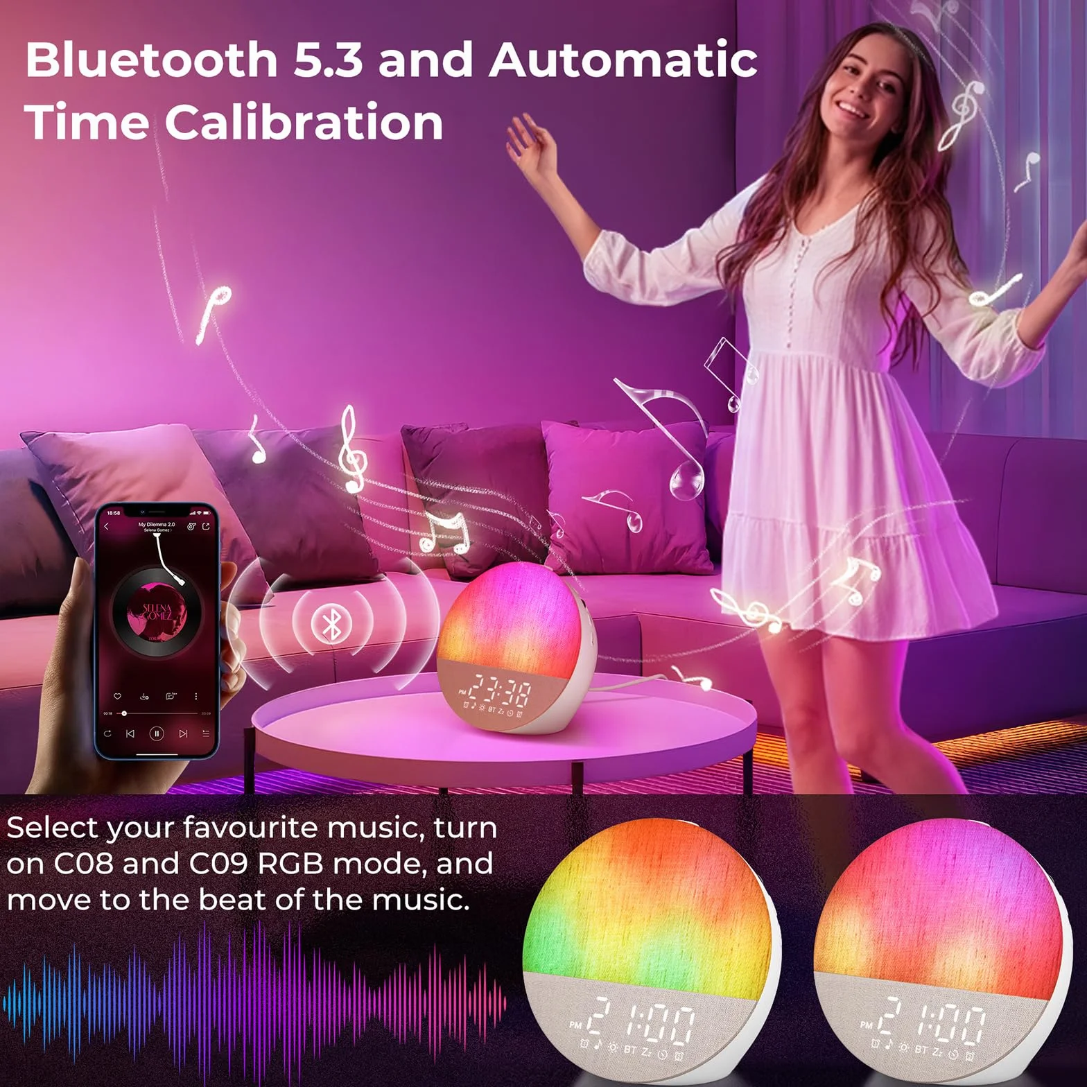 Budzik Symulator Świtu z Podwójnym Alarmem, Biały Szum 30 Dźwięków, 20 Poziomów Jasności, 18 Kolorów, Lampka Nocna Bluetooth