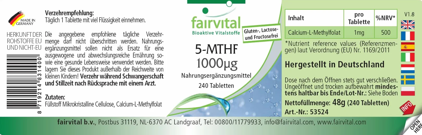 Fairvital | 5-MTHF - 240 tabletek - 1mg na tabletkę - bioaktywny kwas foliowy - płodność i ciąża - sprawdzona jakość i wysoka dawka - 100% wegańskie - wyprodukowano w Niemczech