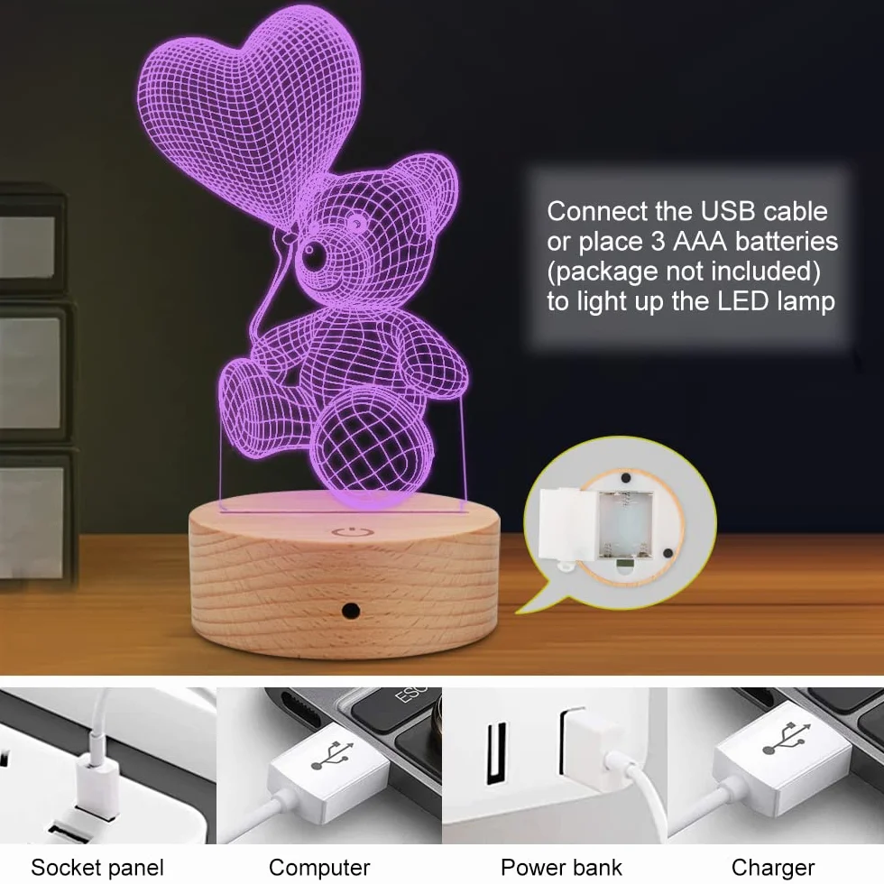 GEEKEO Lampa 3D w kształcie misia, dla kobiet, dzieci, lampka nocna, na walentynki, prezent dla kobiet, jubileusz, urodziny, zmiana kolorów, dekoracja dla mamy lub żony