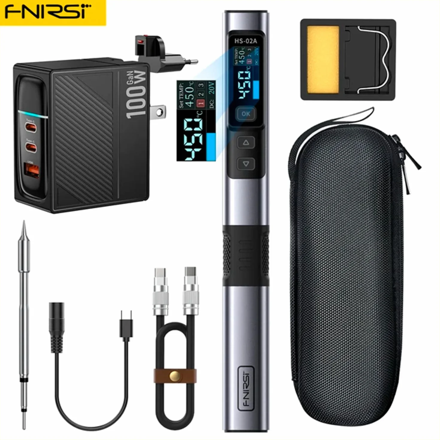 FNIRSI zestaw lutownica HS-02A podstawka kabel DC ładowarka 100W przewód USB typu C 1.2m 250W