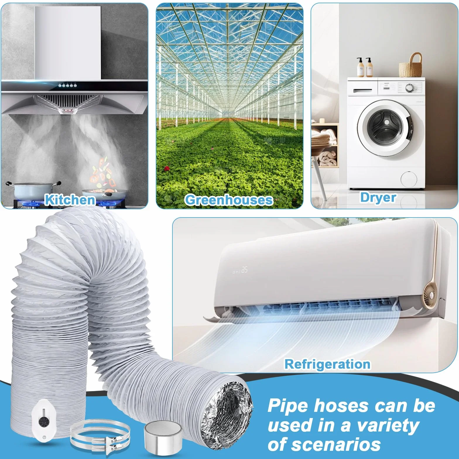 Biały wąż powietrza wylotowego 150 mm długość 3 m PCW elastyczna rura aluminiowa wąż aluminiowy wąż aluminiowy wąż elastyczny z 2 obejmami ze stali nierdzewnej do klimatyzatorów, przenośnych
