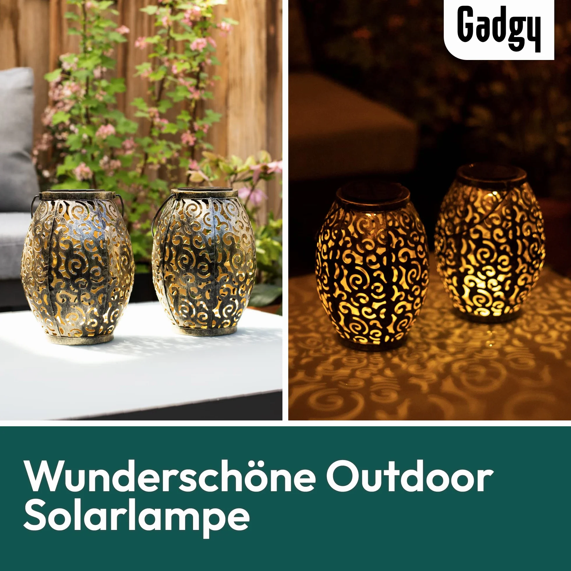 Gadgy Solarna Latarnia Zewnętrzna Zestaw 2 sztuk Orientalne latarnie ogrodowe metalowe IP44 Wodoodporne 21,5 x 15 cm