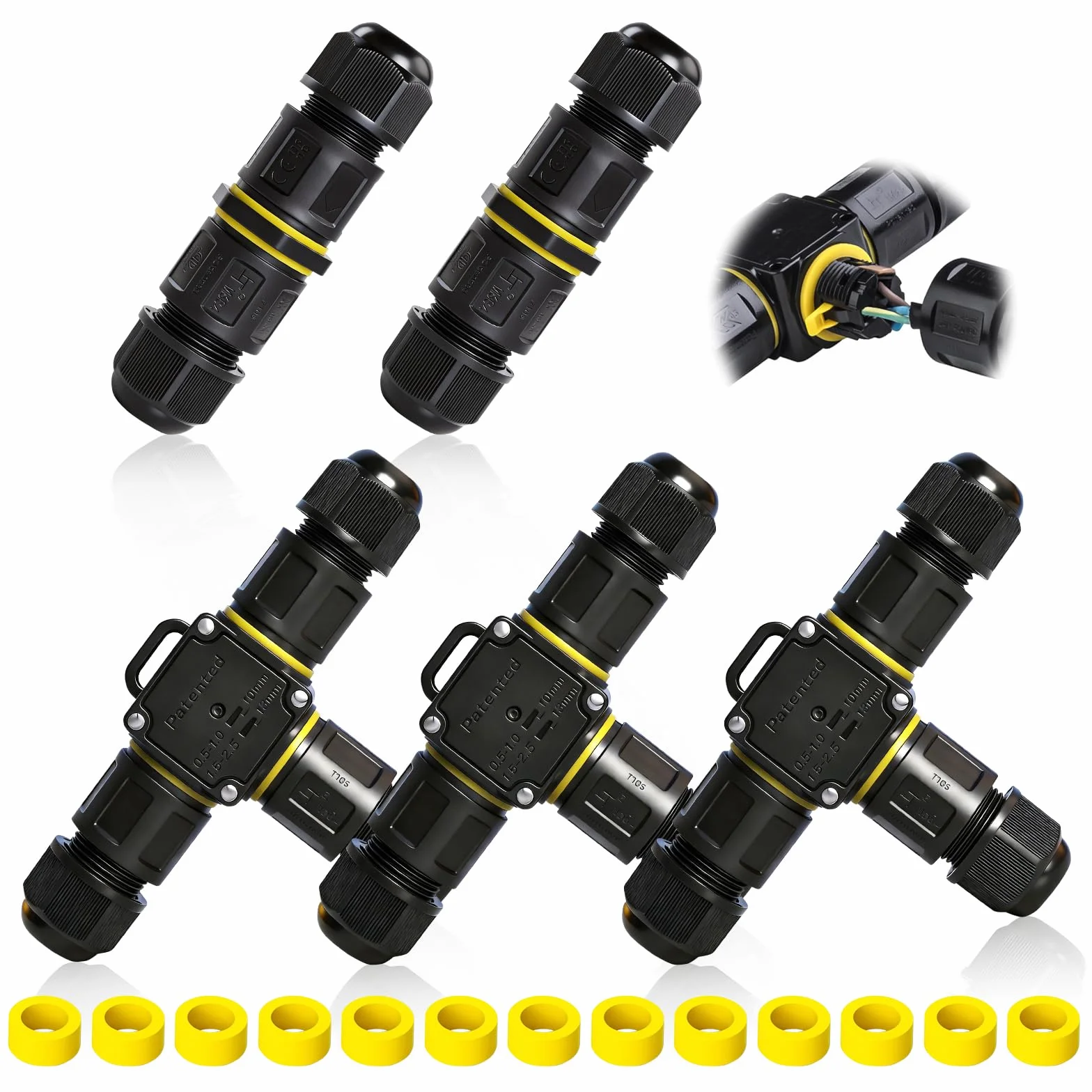Łączniki kablowe, wodoszczelne, 3-biegunowe, 5 sztuk łączników kablowych, wodoszczelne IP68, łączniki kablowe, wodoszczelne, do kabli o średnicy 3-12 mm, do ogrodu, na zewnątrz i do przyłączy