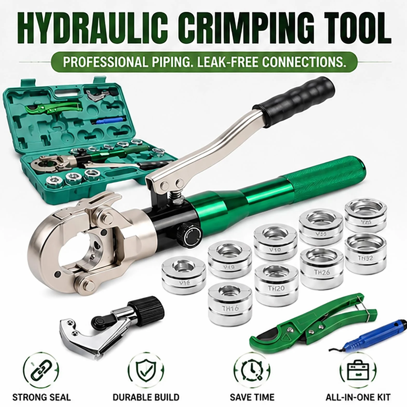 Hydrauliczne narzędzie do zaciskania z 9 matrycami, szczypce do rur | 5 szczęk w kształcie V (12-28 mm) i 4 szczęki w kształcie Th (16-32 mm), zaciska rury miedziane i PEX, do hydrauliki