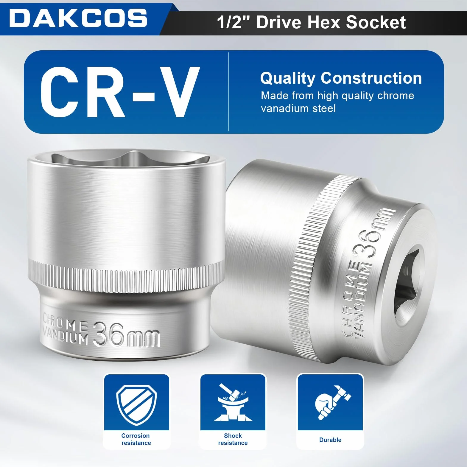 DAKCOS Nasadka 36 mm klucz nasadowy sześciokątny | 6 kantów | 12,5 mm (1/2") | CR-V