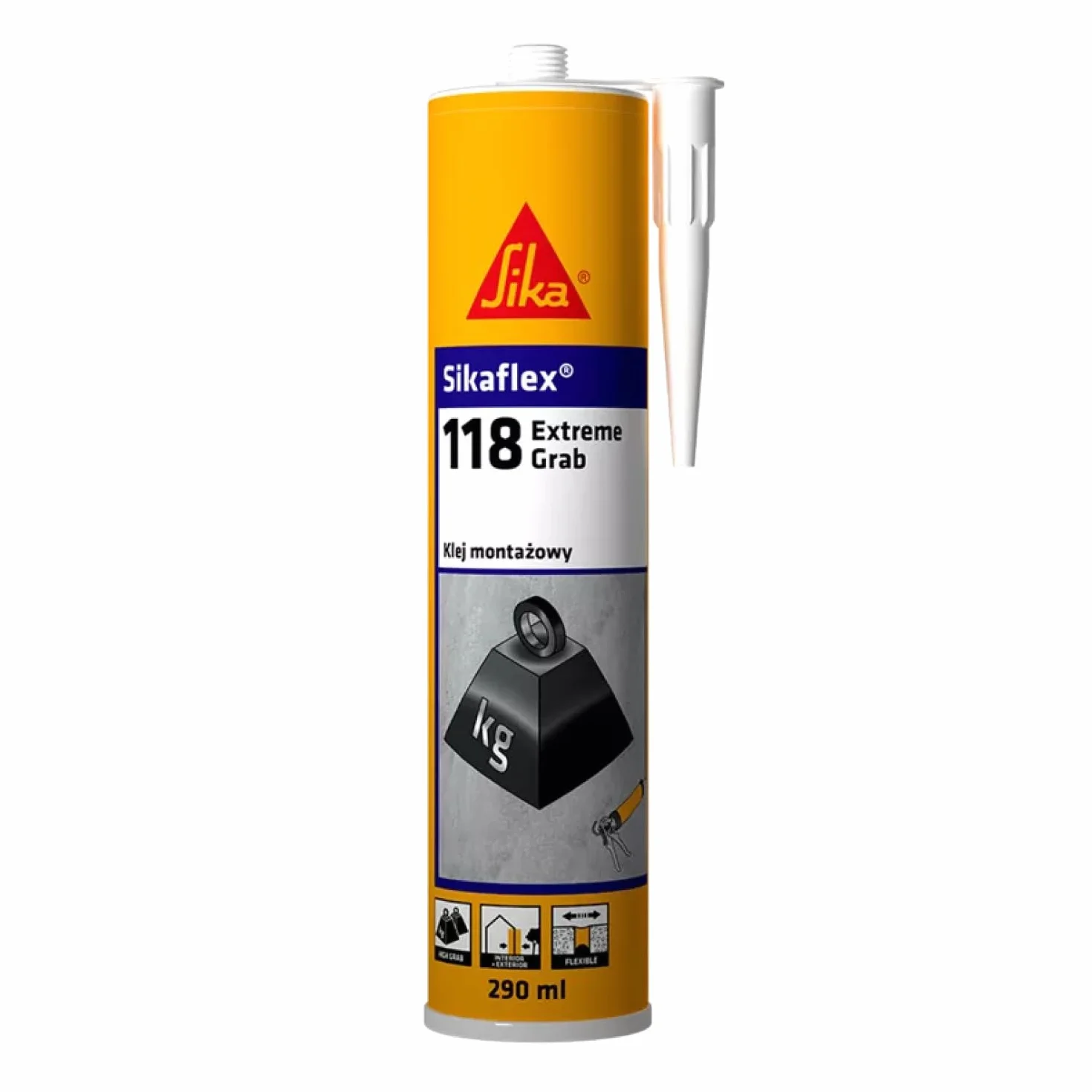 Sika - klej montażowy - bardzo wysoka przyczepność początkowa - Sikaflex-118 Extreme Grab do większości typowych podłoży budowlanych - biały - 290 ml