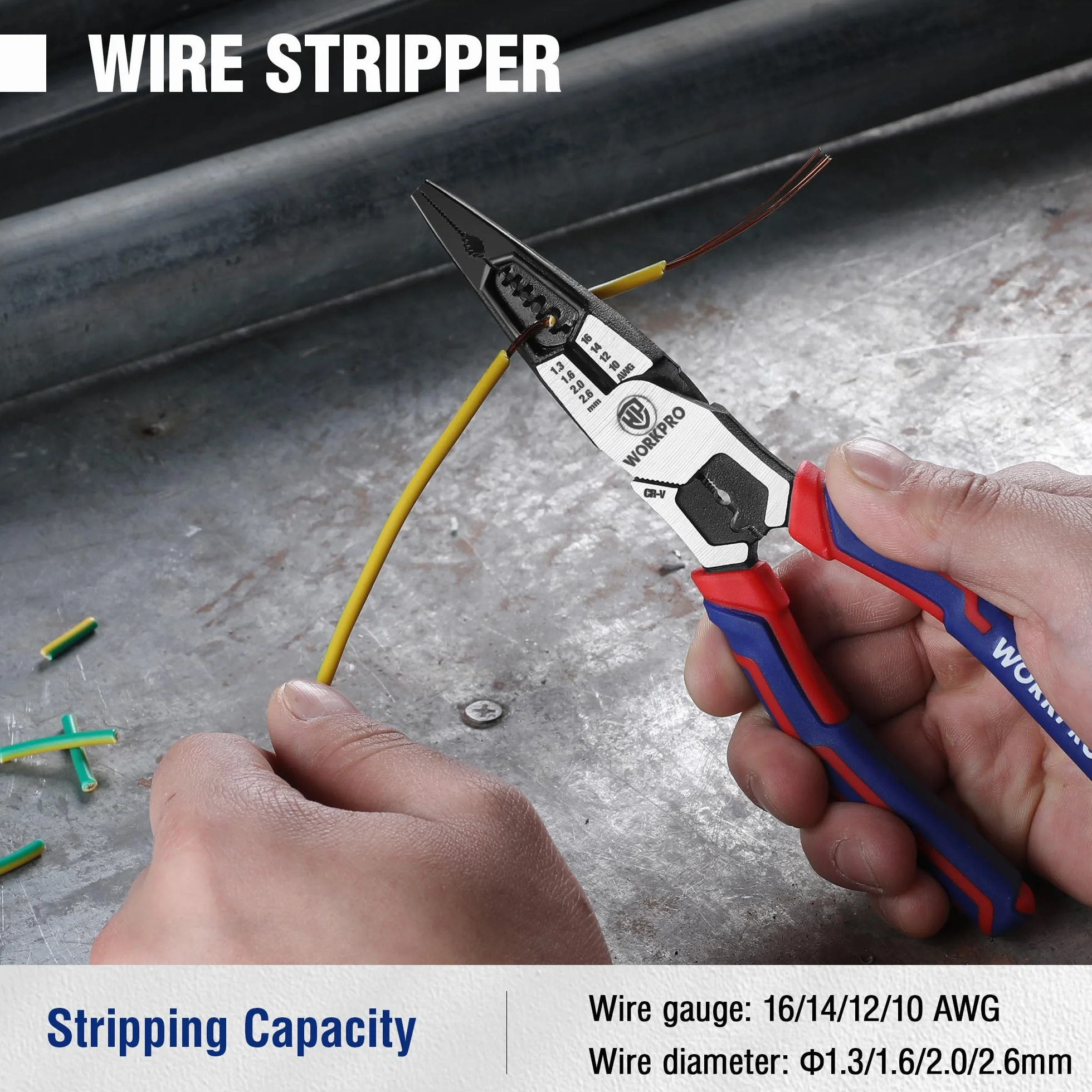 WORKPRO Szczypce wąskie, 7 w 1, ściągacz izolacji, obcinacz, zaciskarka, klucz, długie, 200 mm, do przewodów, 16–10 AWG (1,3–2,6 mm), wielofunkcyjne, Cr-V, dla elektryków