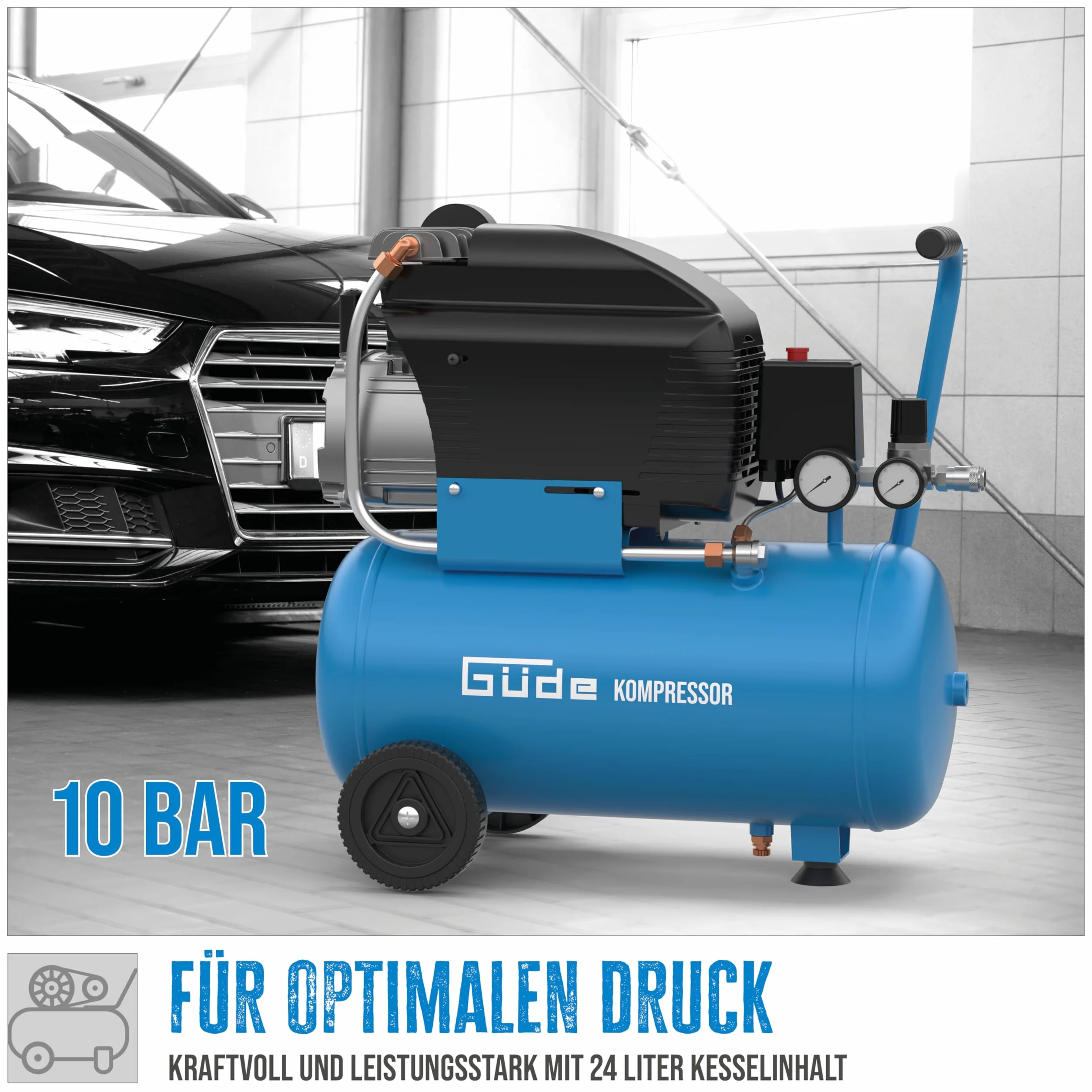Güde Sprężarka 231/10/24 (smarowana olejem, maks. 10 bar, 1500 W, kocioł 24 l, moc ssania 206 l/min, reduktor ciśnienia, 2 x manometr, zawór bezpieczeństwa, śruba spustowa kondensatu, filtr powietrza,