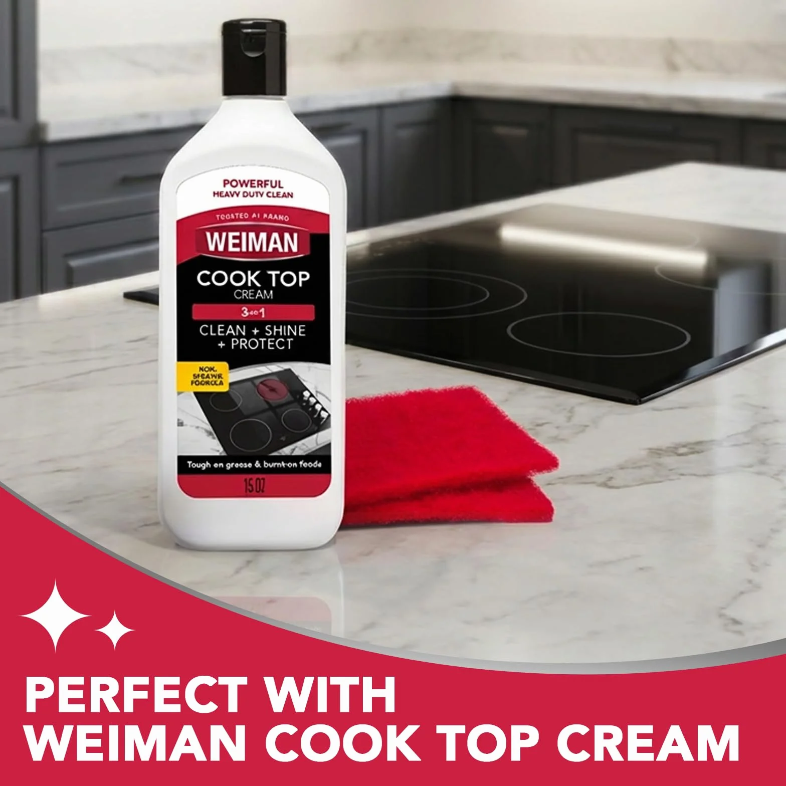 Weiman Ceramic and Glass Cooktop Cleaner - Mocny środek czyszczący i polerujący - 300 ml - 3 gąbki do szorowania