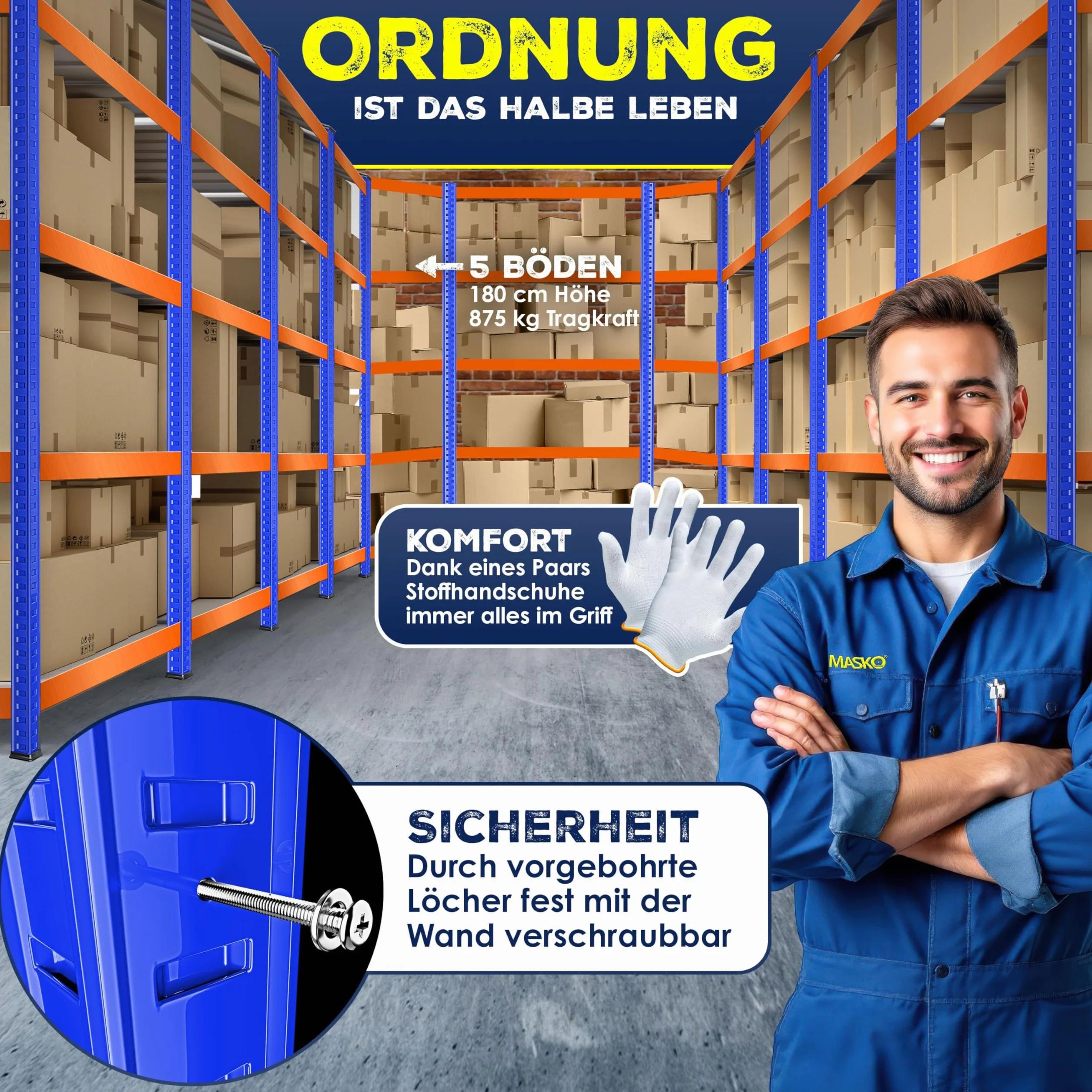 Regał narożny, magazynowy do dużych obciążeń, do piwnicy, 180 x 75 x 40 cm, do 875 kg, 5 regulowanych półek, płyty MDF, regał z metalu, regał wtykowy, regał warsztatowy, piwnica, garaż,